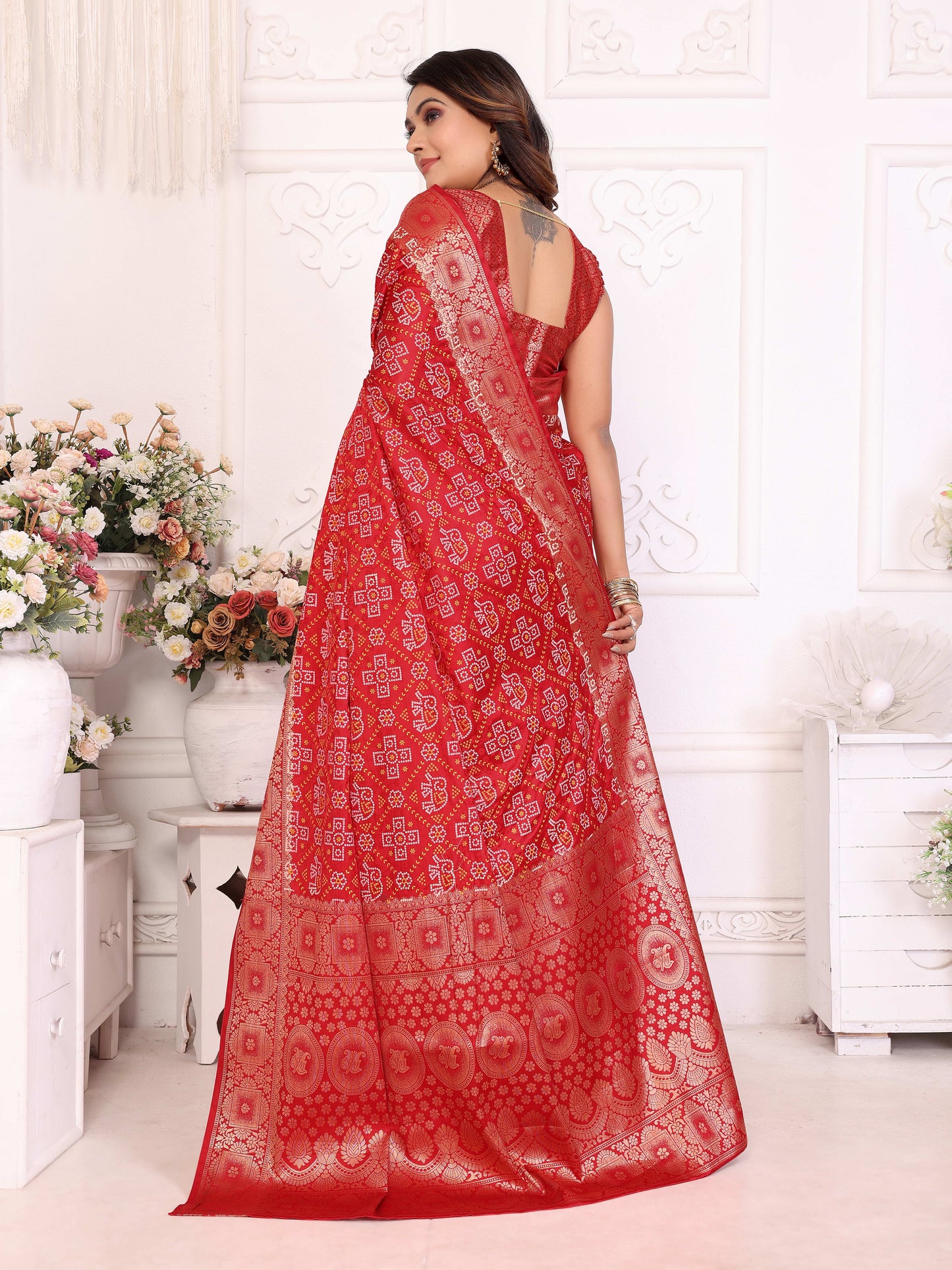 Red Samshira Soft Satin Silk Bandhej Print Saree With Zari Border Design And Having Rich Pallu
