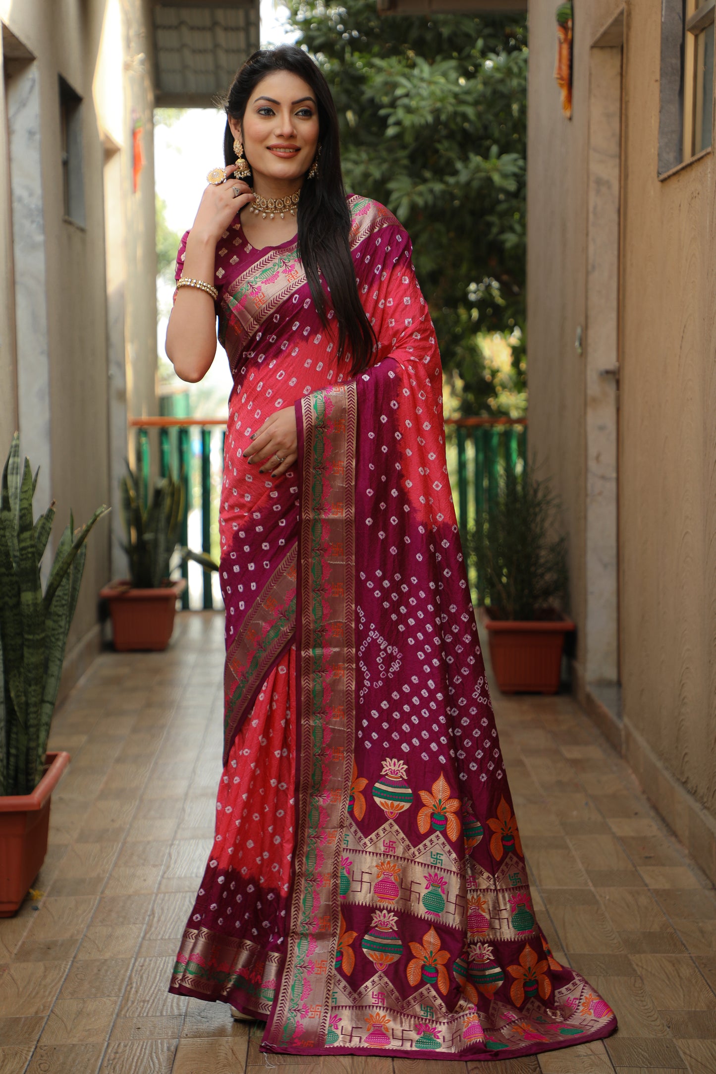 Peach Swastik Pure Bandhej Silk Saree With Minakari Border Kalash & Swastik Design Rich Pallu Saree