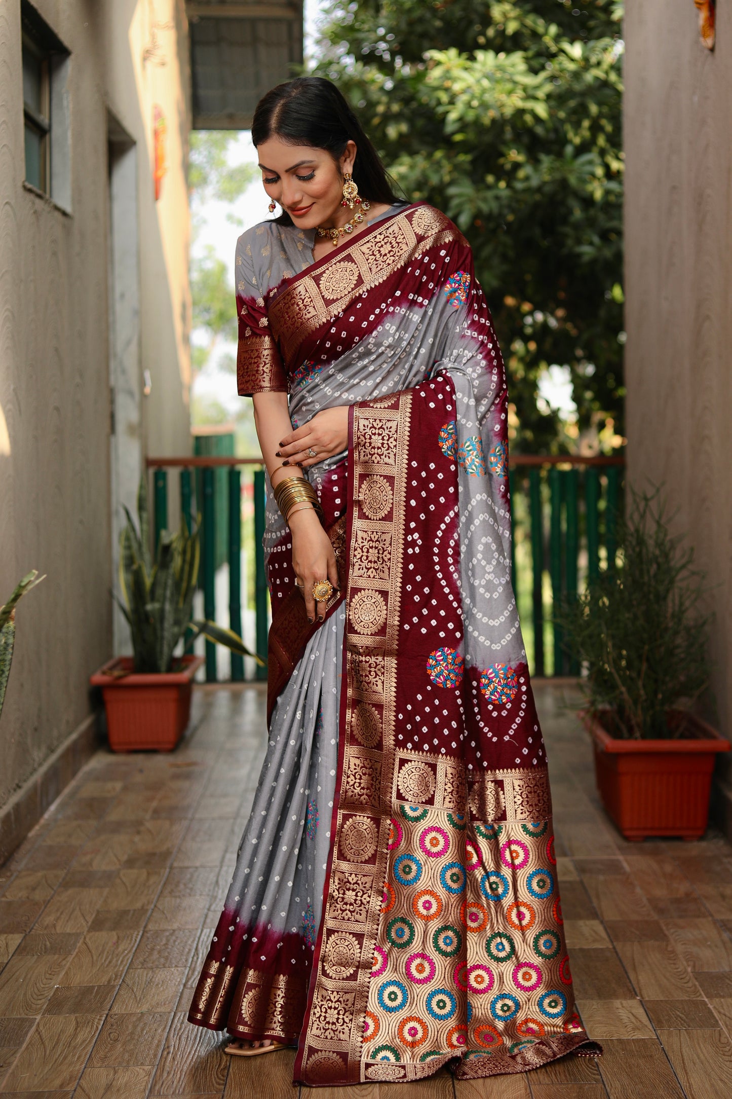Gray Ishani Pure Bandhej Silk Saree Minakari Weaving Butta With Zari