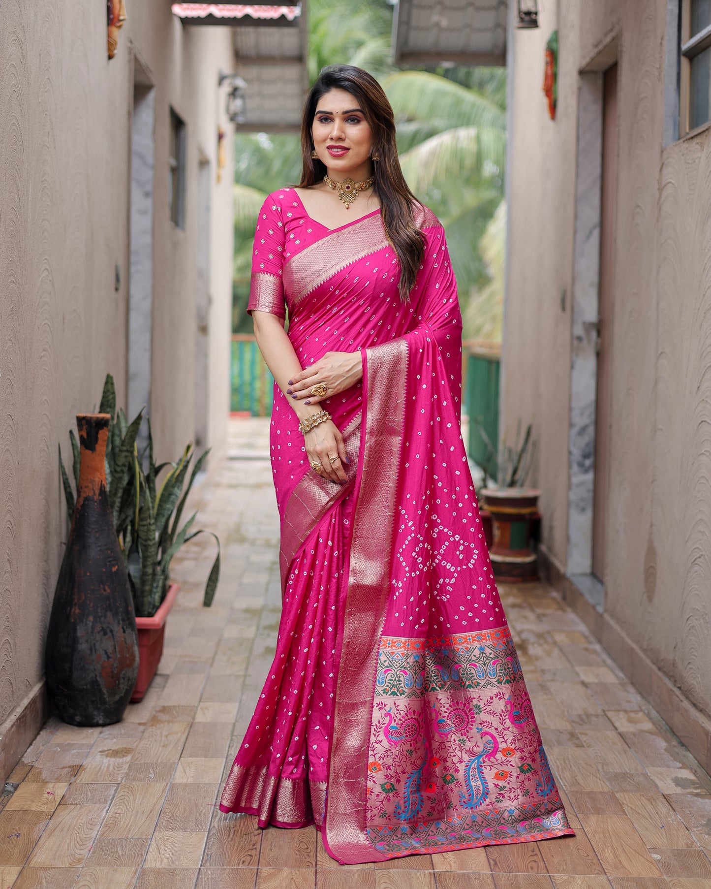 Dark Pink Yashomati Dola Soft Silk Bandhej Sarees With Awesome Two Sides Jari Border & Paithani Style Rich Pallu