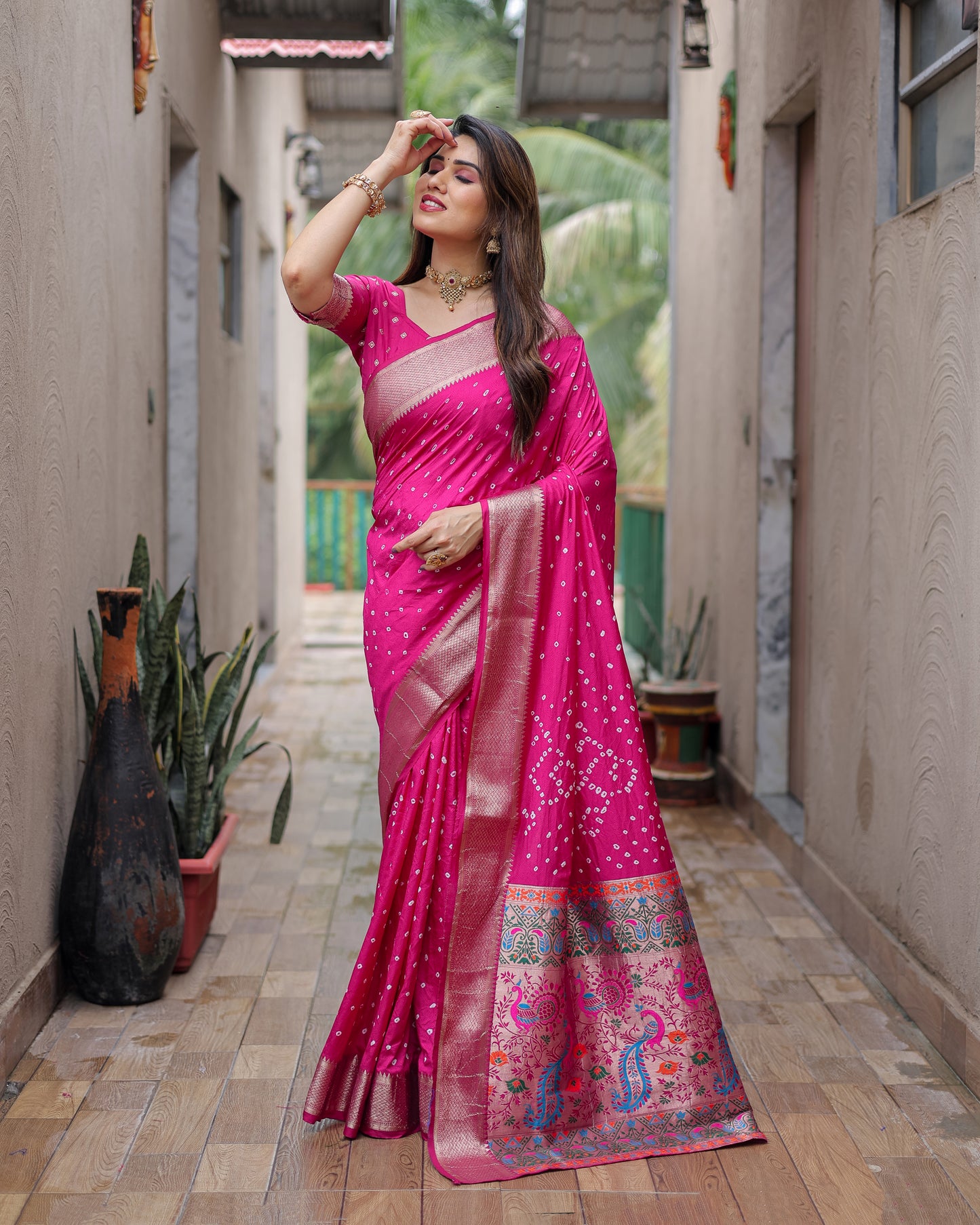 Dark Pink Yashomati Dola Soft Silk Bandhej Sarees With Awesome Two Sides Jari Border & Paithani Style Rich Pallu