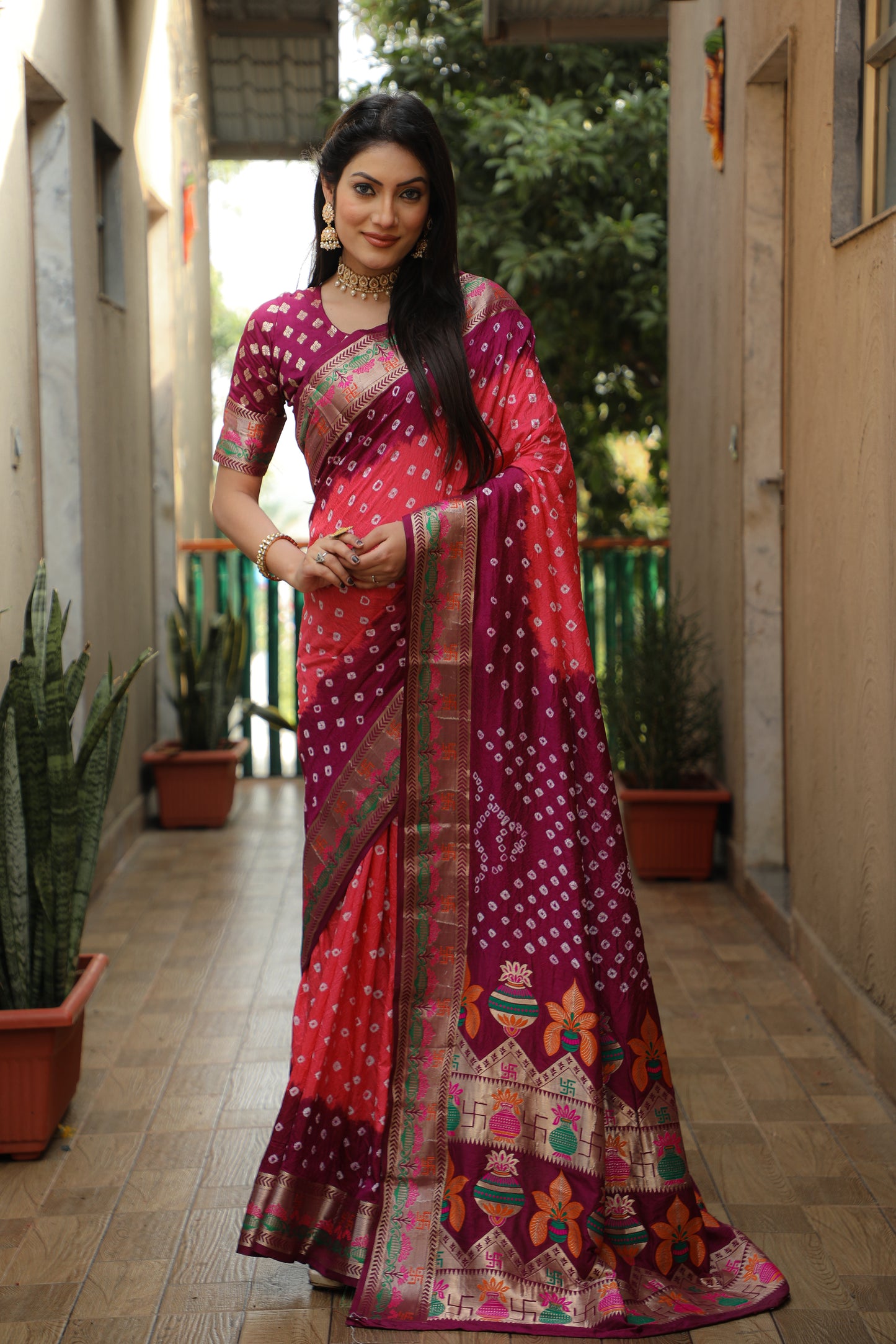 Peach Swastik Pure Bandhej Silk Saree With Minakari Border Kalash & Swastik Design Rich Pallu Saree