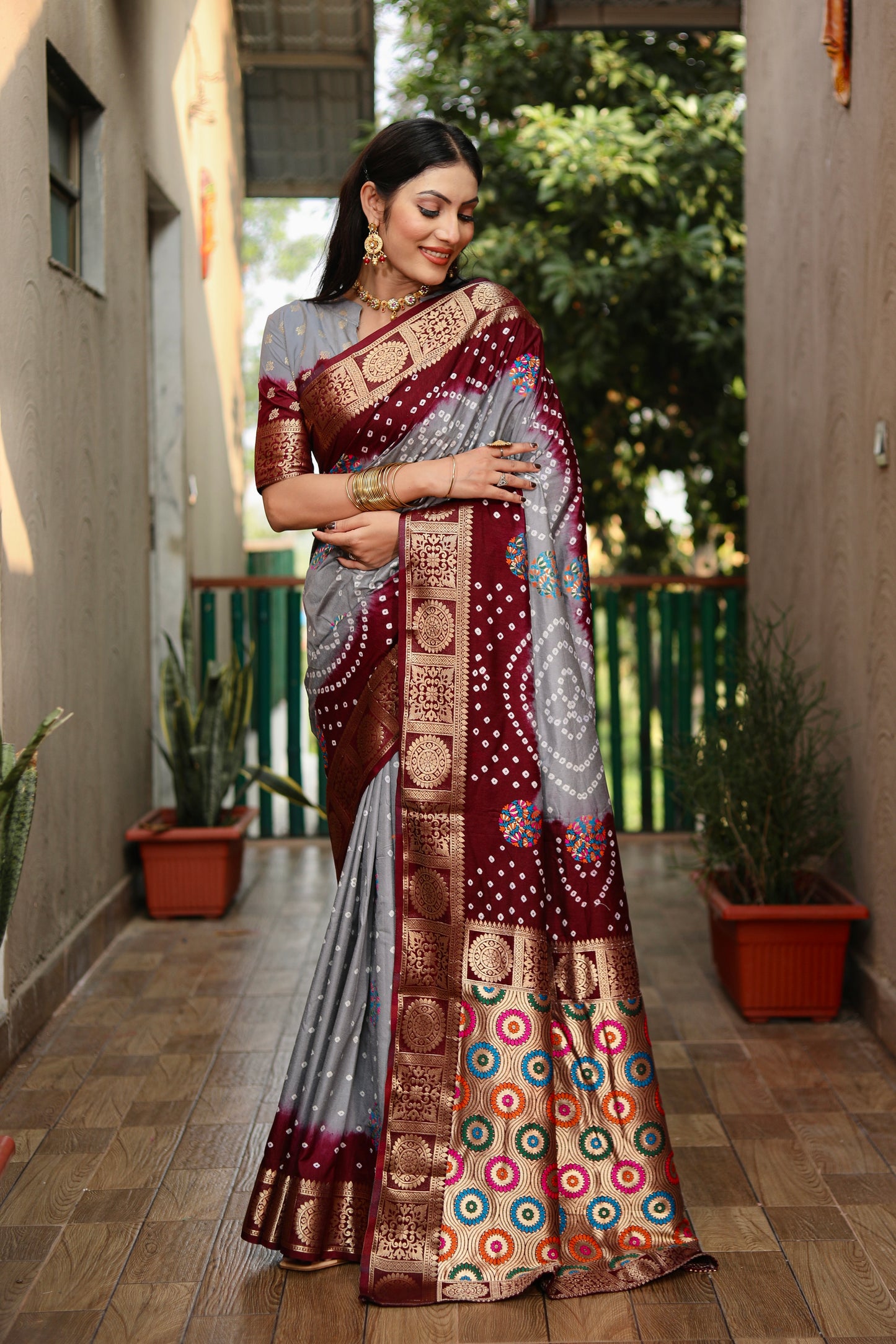 Gray Ishani Pure Bandhej Silk Saree Minakari Weaving Butta With Zari