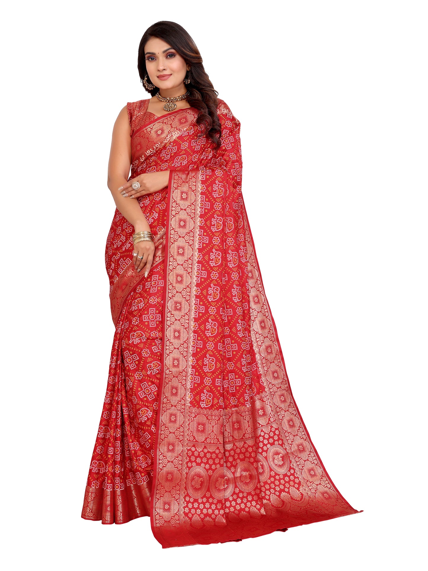 Red Samshira Soft Satin Silk Bandhej Print Saree With Zari Border Design And Having Rich Pallu