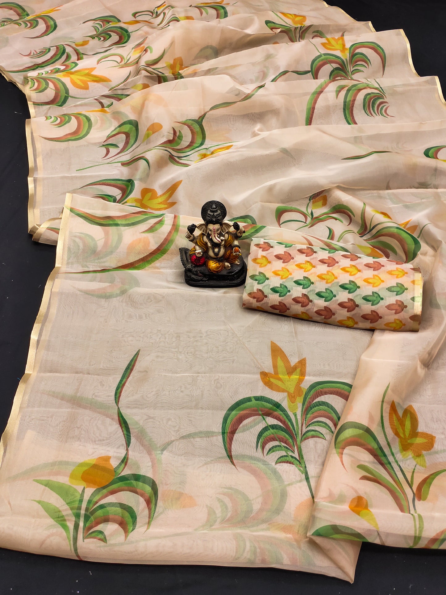 Cream Vrinda Organza Digital Print Soft Shiny Art Silk Saree With Inspired Gold Border