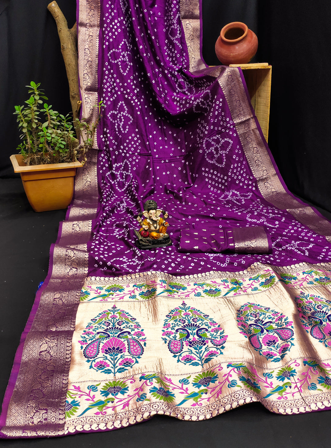 Purple Subhadra Bandhej Kanjivaram Silk Saree With Kanjivaram Border With Zari Paithani Rich Pallu