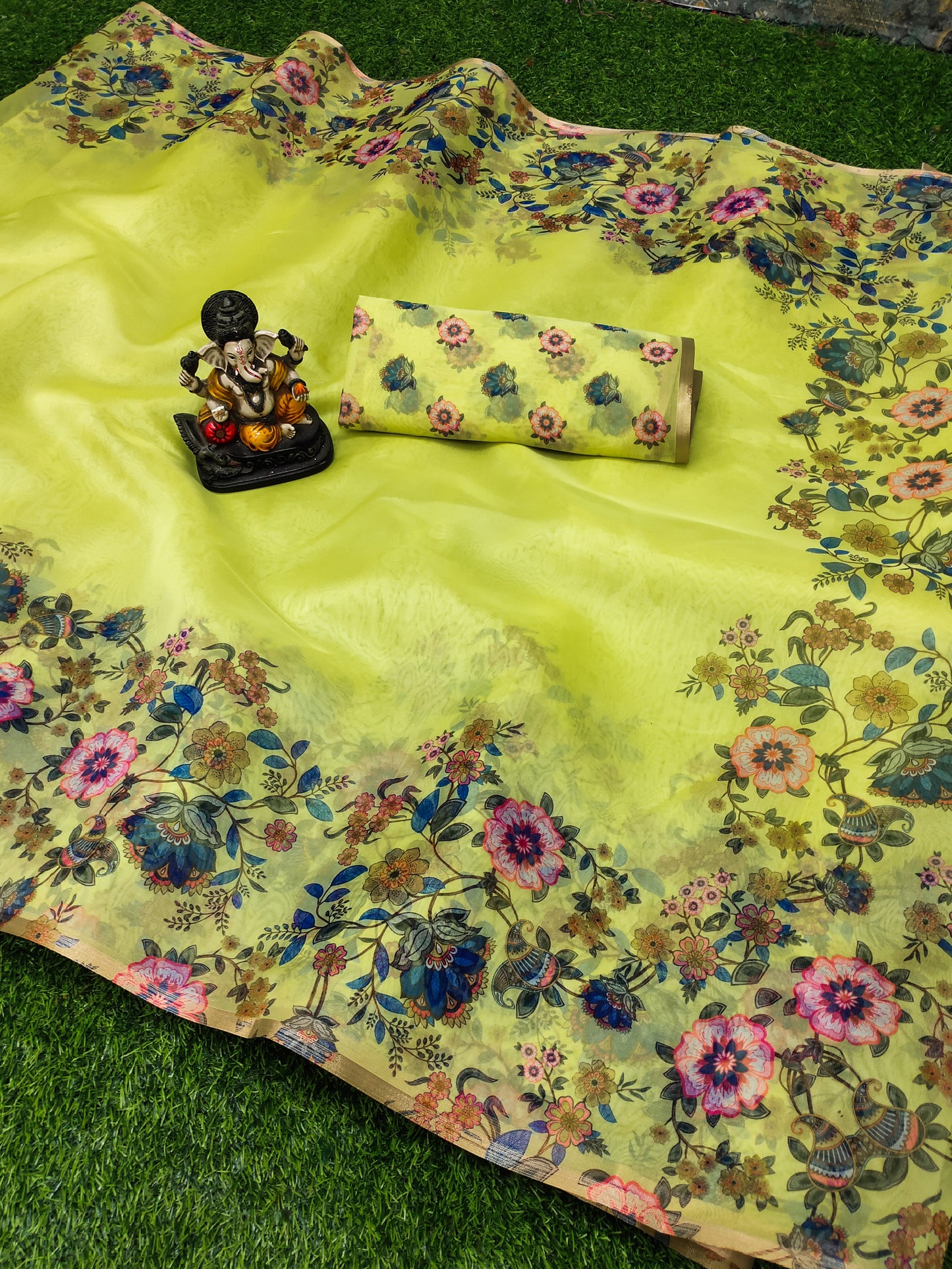 Lemon Yellow Kesariya Organza Digital Print Soft Shiny Art Silk Saree With Inspired Gold Border