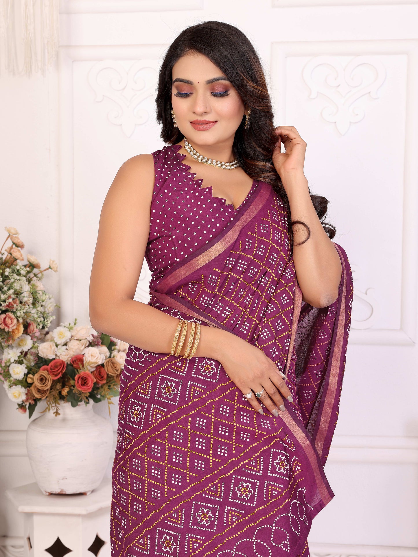 Purple Amba Pure Patola And Bandhej Pattern Soft Cotton Light Weight Saree