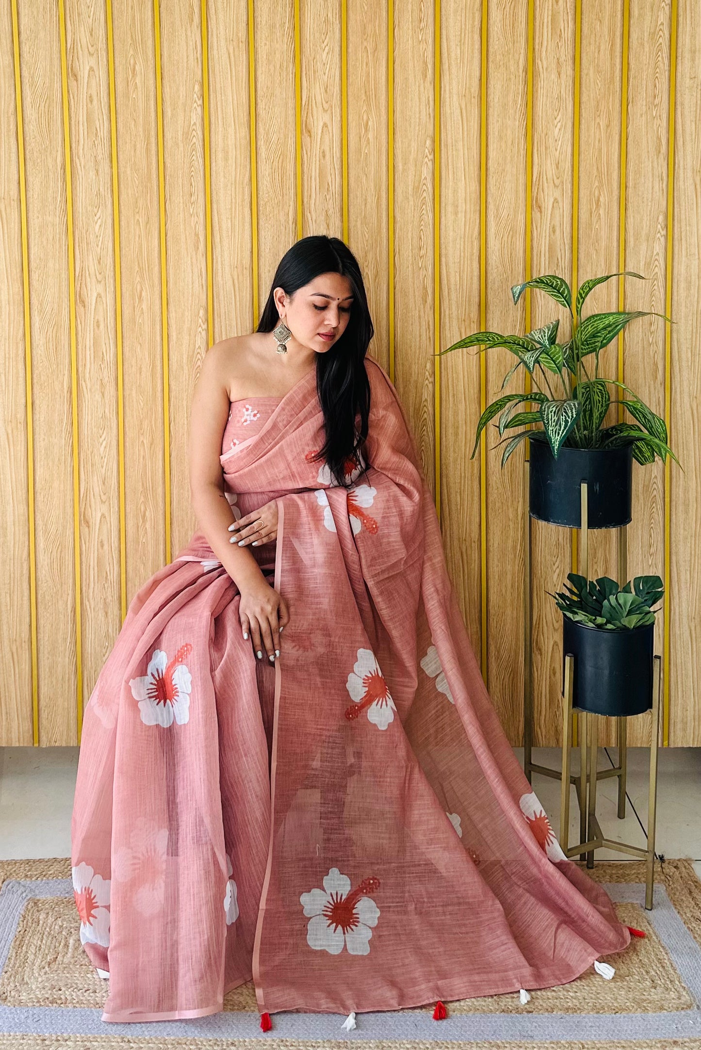 Orange Champa-2 Soft Linen Cotton Digital Print Sarees With Flower Print & Printed Pallu