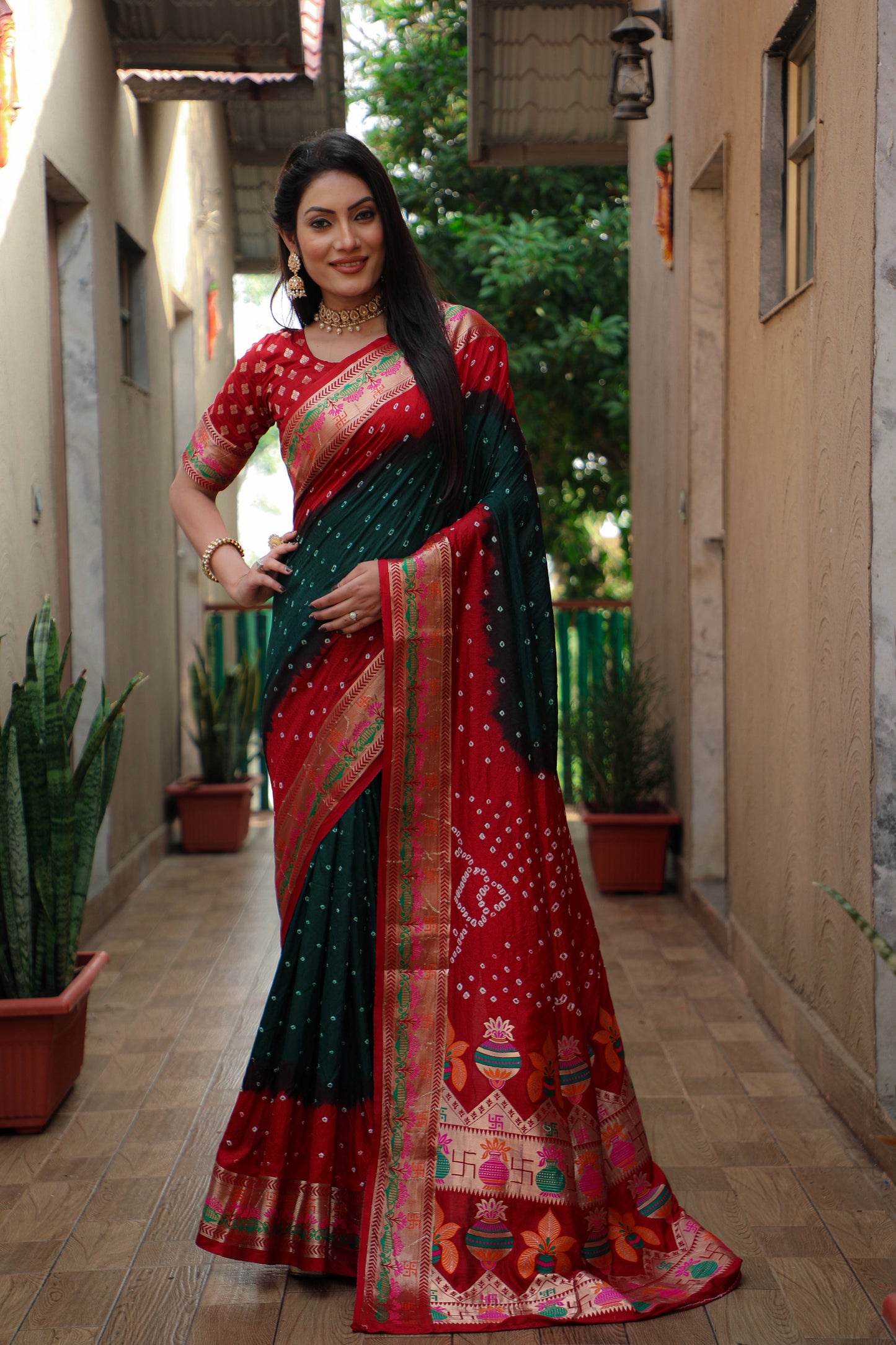 Dark Green Swastik Pure Bandhej Silk Saree With Minakari Border Kalash & Swastik Design Rich Pallu Saree