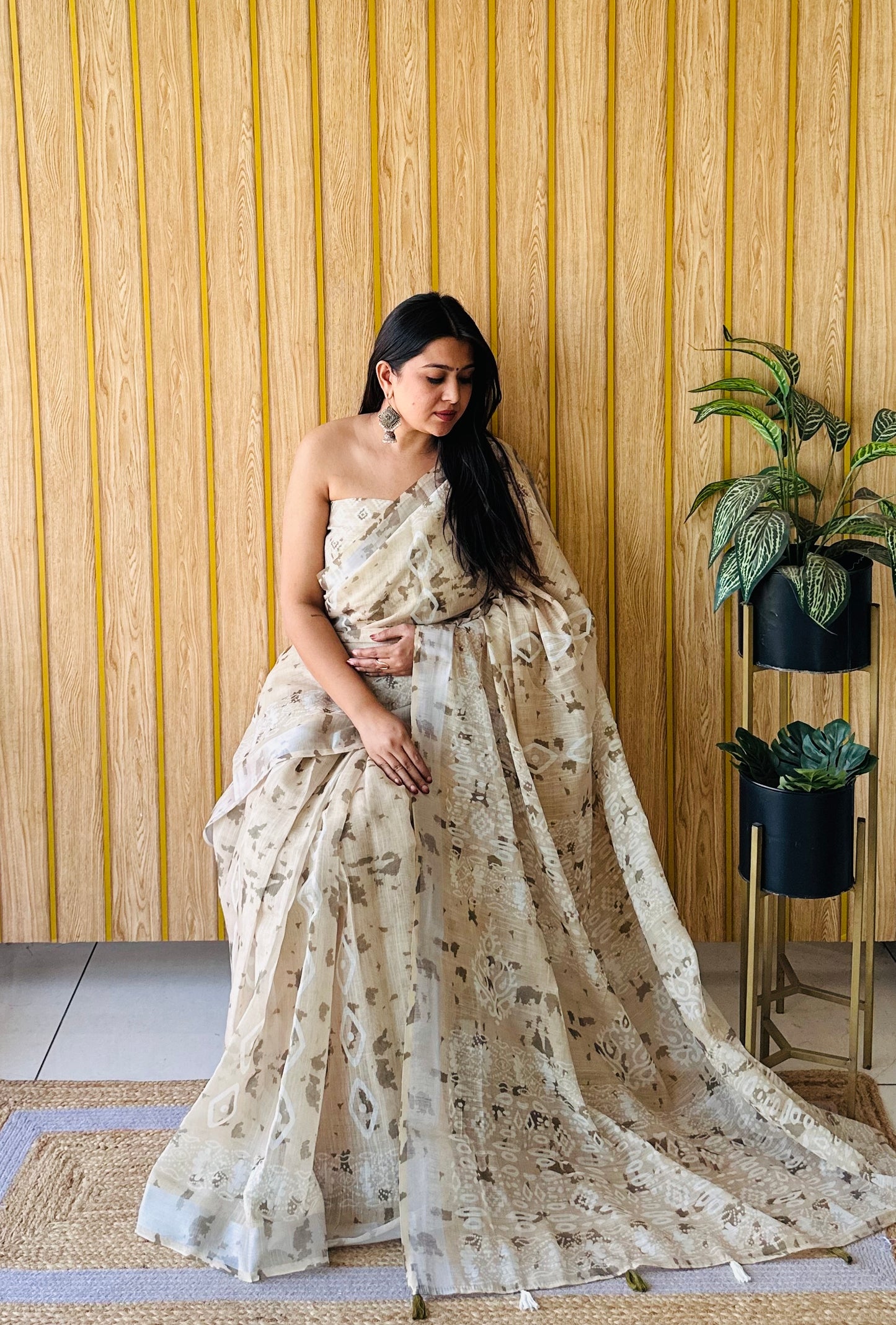 Cream Khushboo Soft Linen Cotton Digital Print Sarees With Batik Print With Silver Border