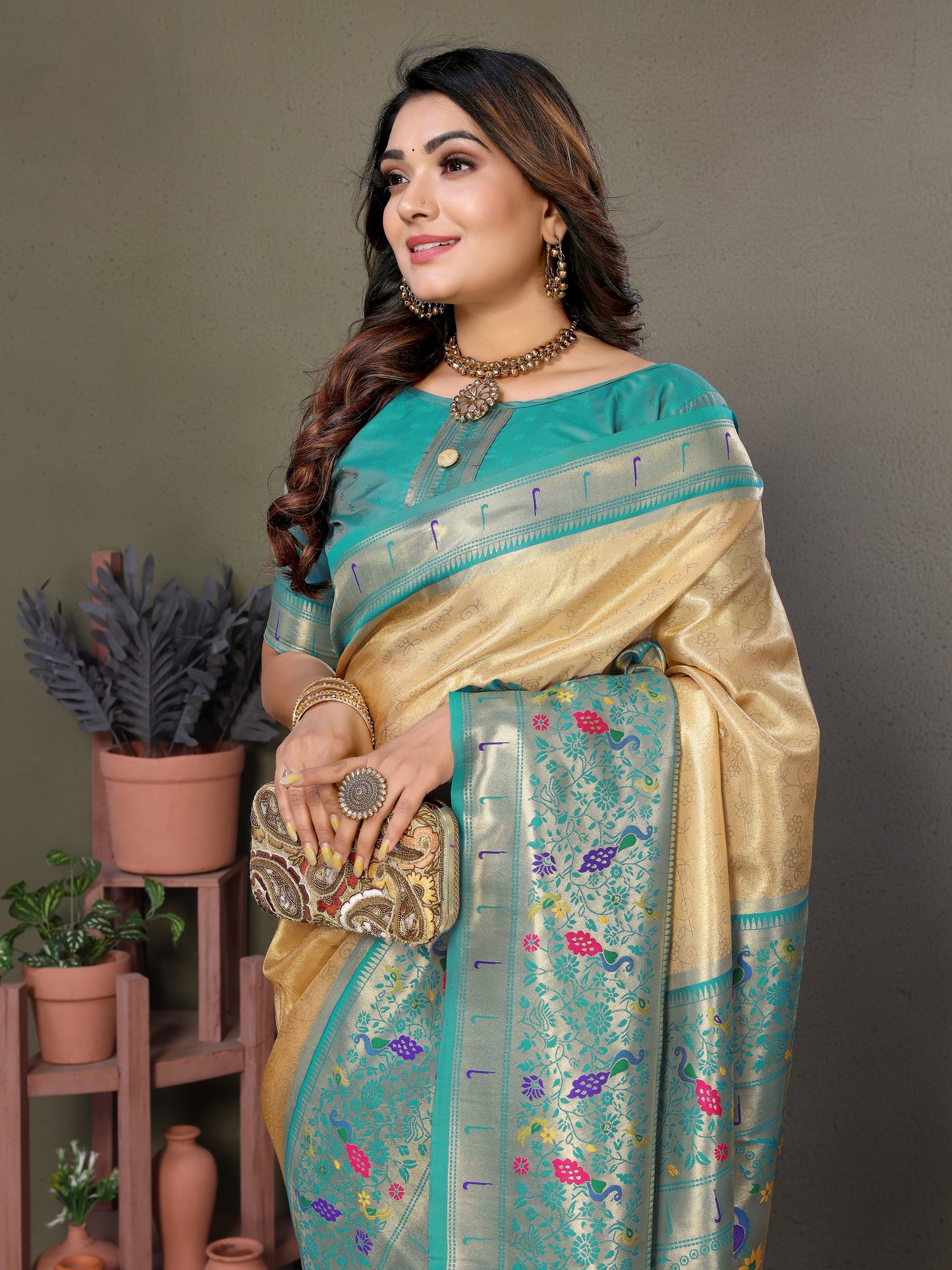 Cream Mrudangi Pure Banarasi Tissue silk sarees contrast Paithani woven border classic pallu