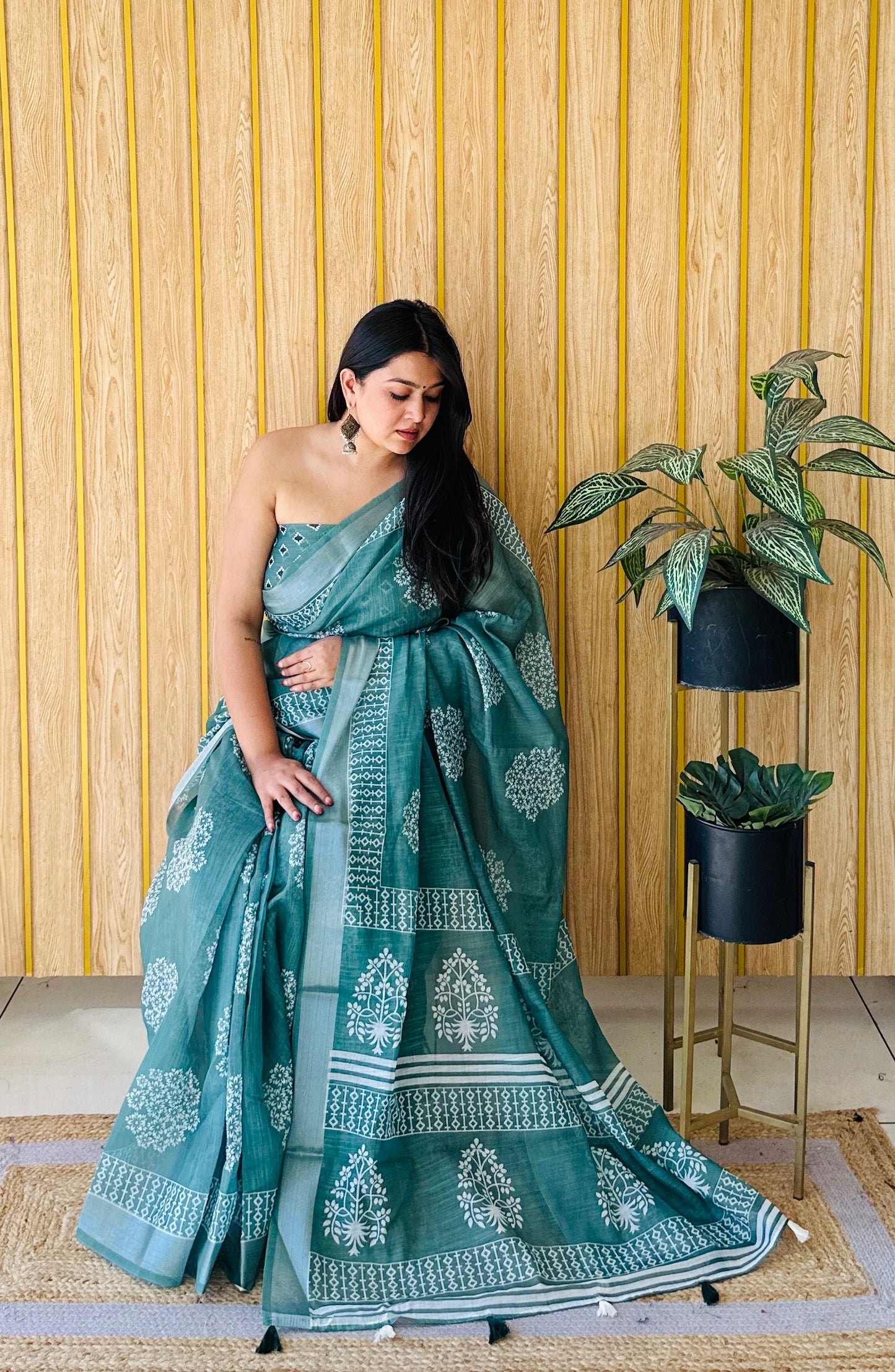 Sky Blue Aarya-1 Soft Linen Cotton Digital Print Sarees With Batik Print With Silver Border
