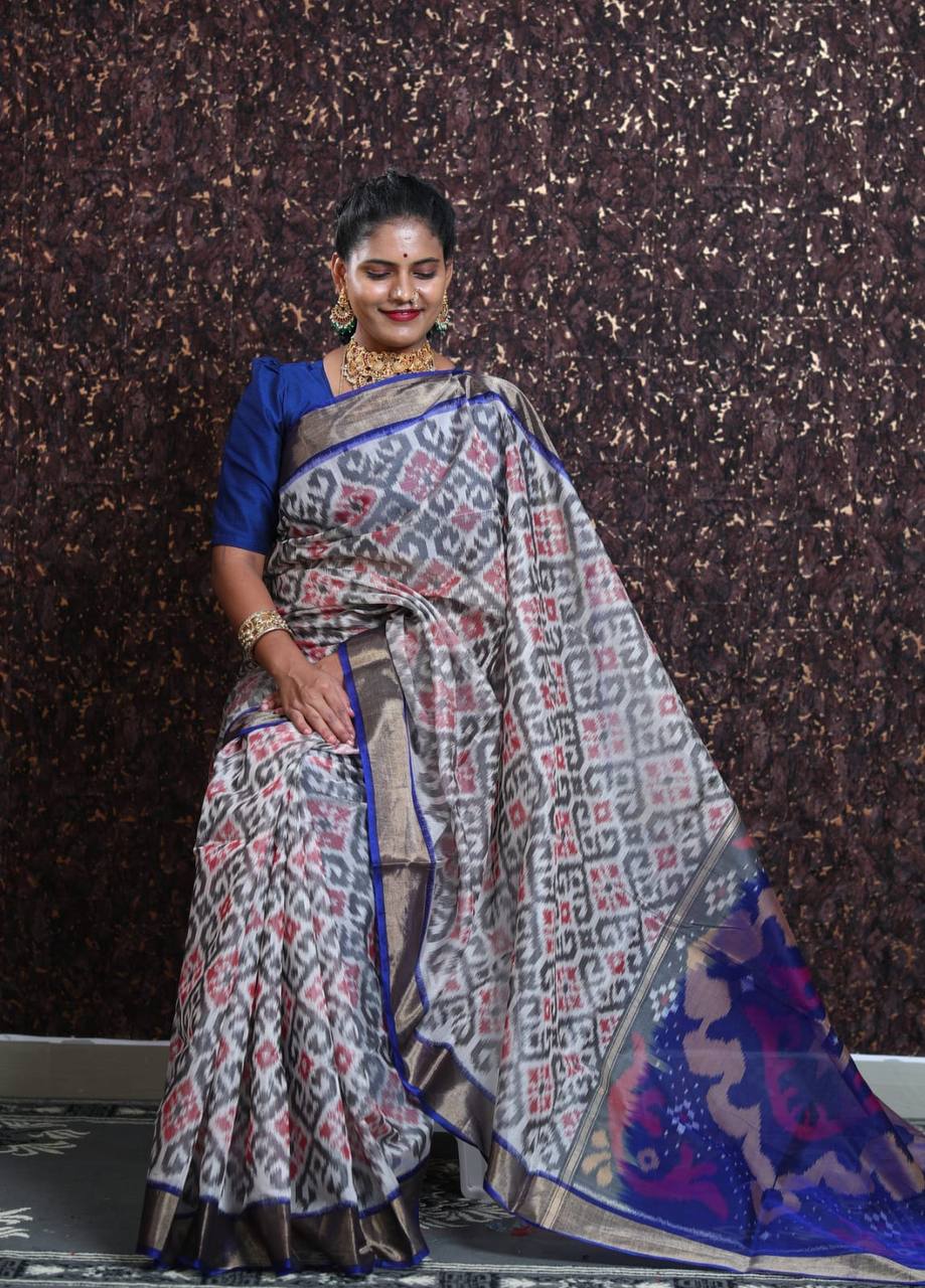 White-Blue Pramila Patola Digital Print With Golden Weaving Border & Digital Printed Ikkat Design Pallu