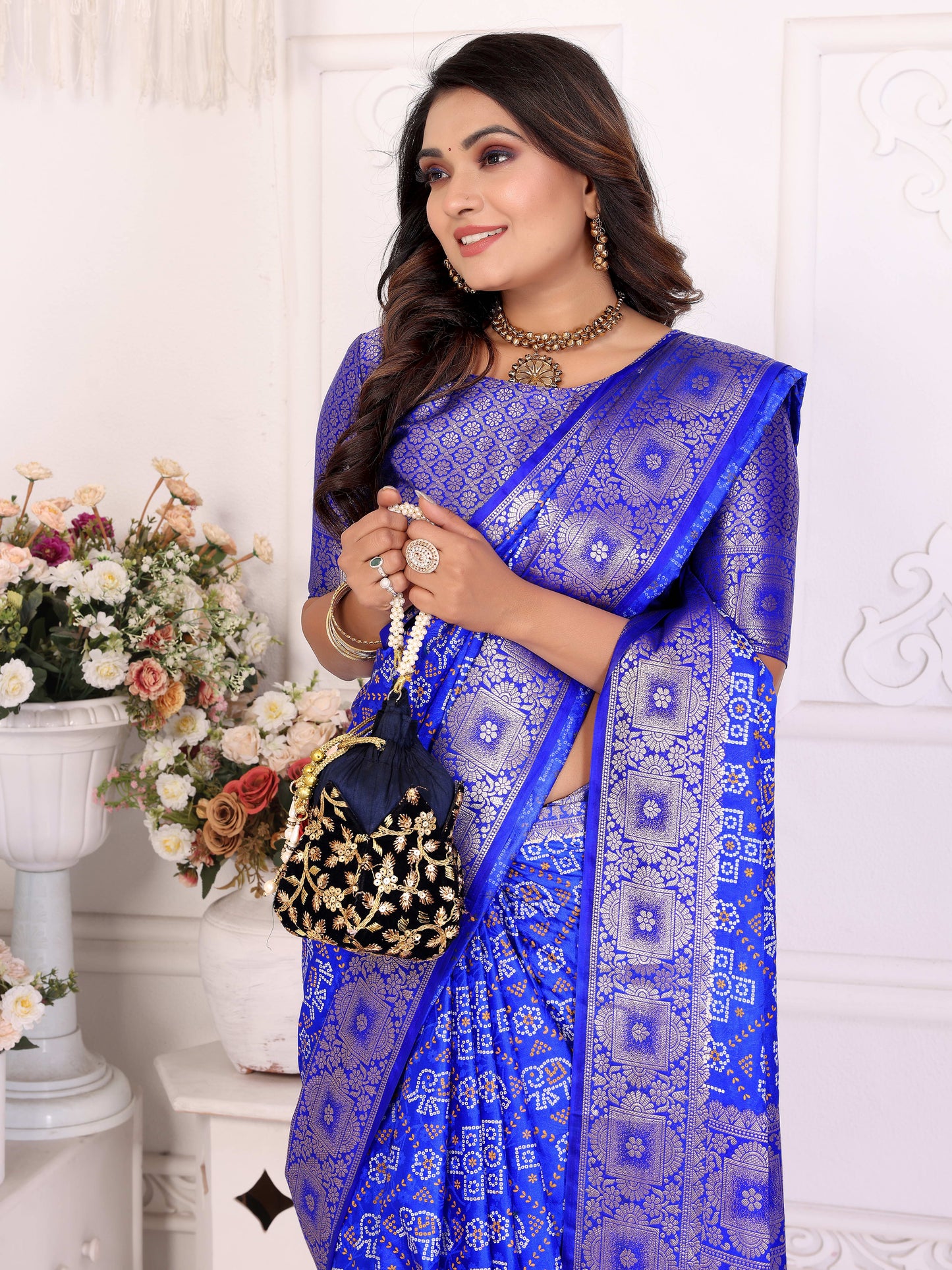 Blue Samshira Soft Satin Silk Bandhej Print Saree With Zari Border Design And Having Rich Pallu