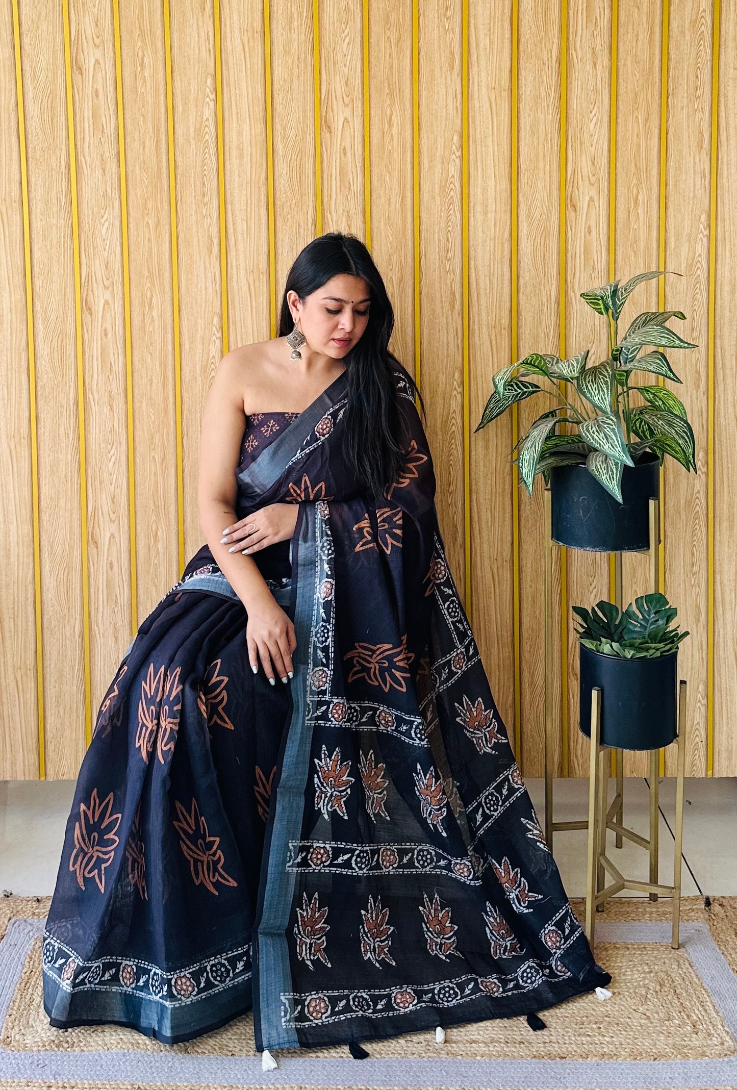 Black And Orange Aarya-2 Soft Linen Cotton Digital Print Sarees With Batik Print With Silver Border