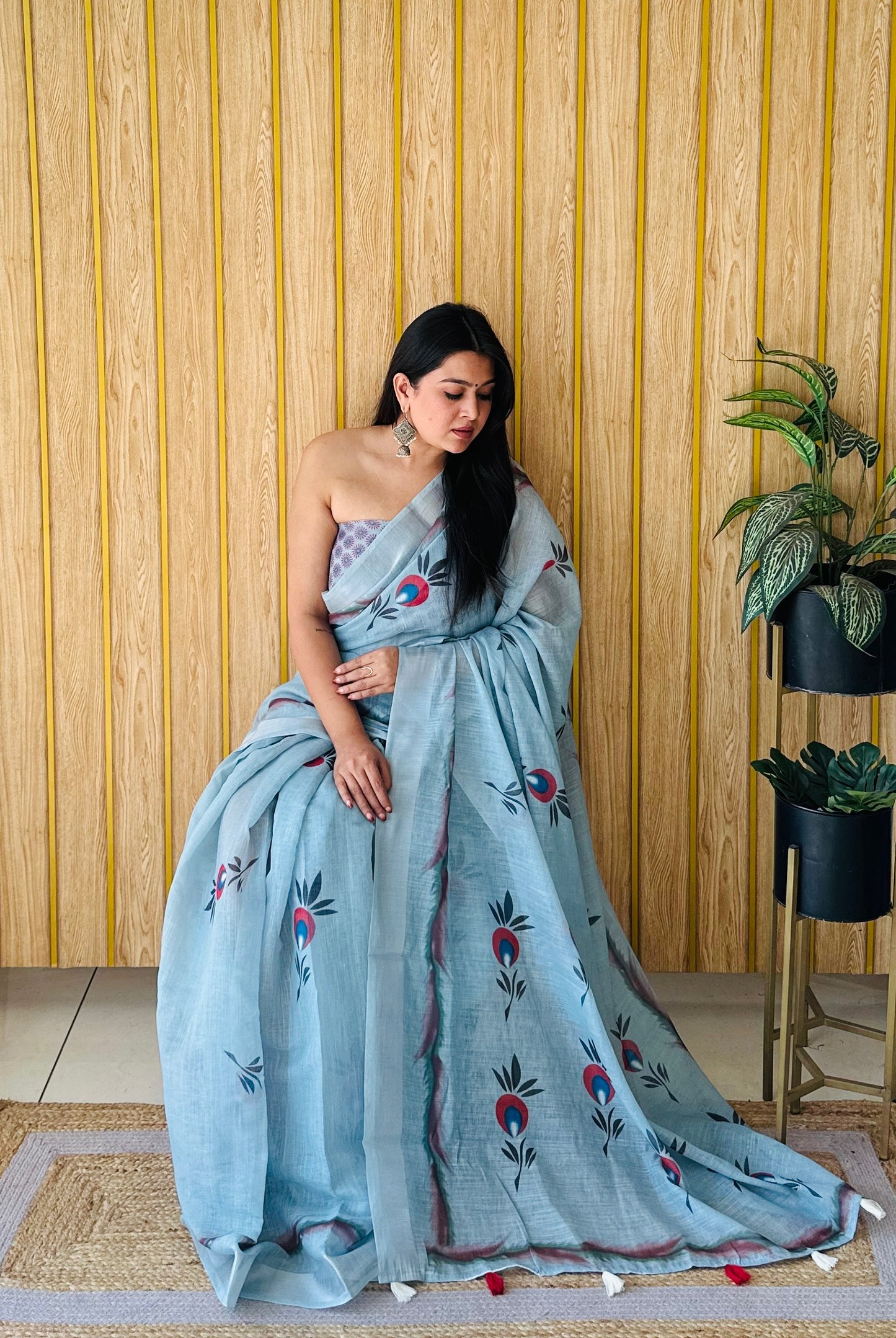 Gray Muskan Soft Linen Cotton Digital Print Sarees With Batik Print With Silver Border