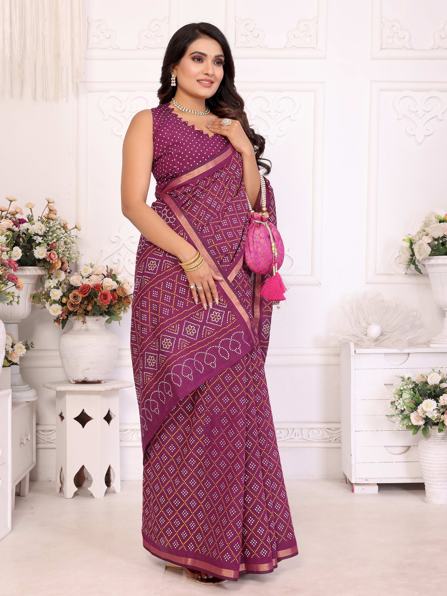 Purple Amba Pure Patola And Bandhej Pattern Soft Cotton Light Weight Saree
