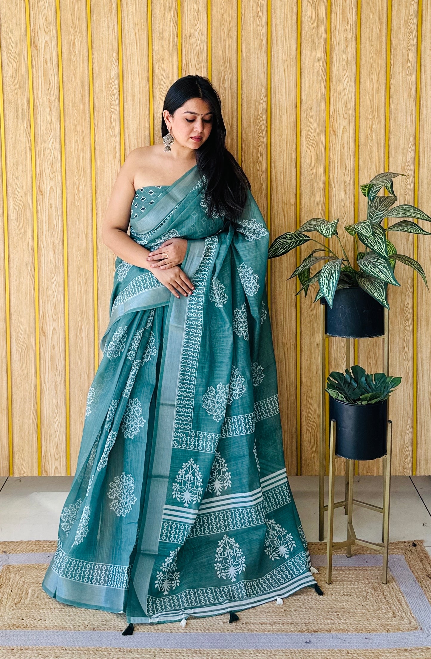 Sky Blue Aarya-1 Soft Linen Cotton Digital Print Sarees With Batik Print With Silver Border