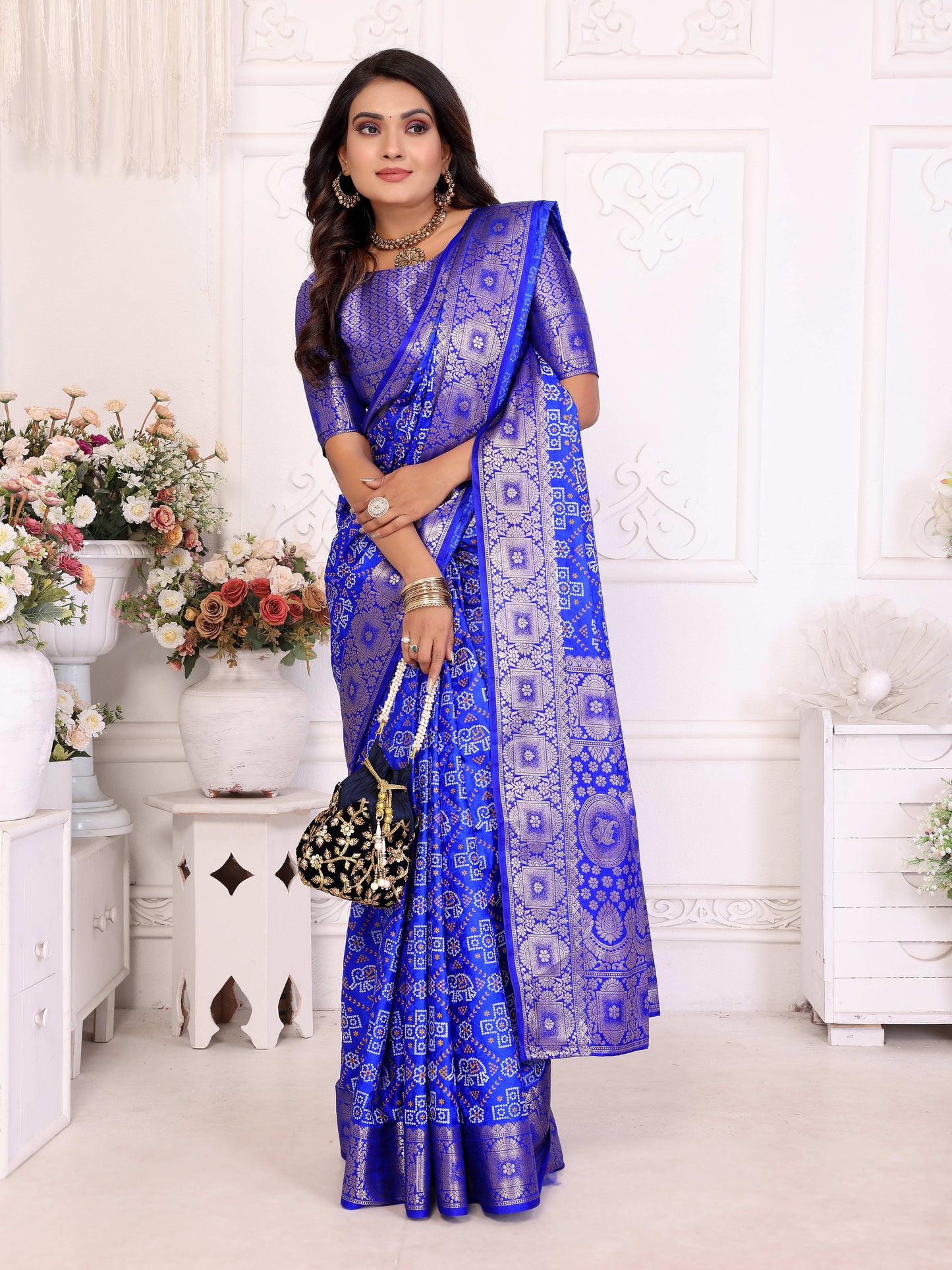 Blue Samshira Soft Satin Silk Bandhej Print Saree With Zari Border Design And Having Rich Pallu