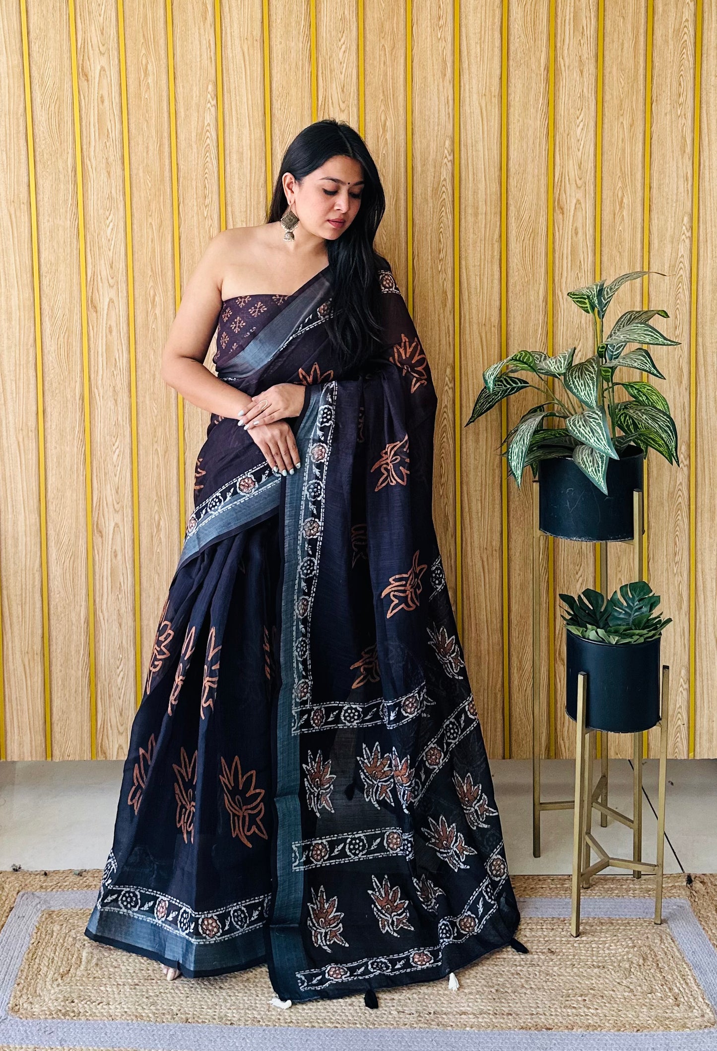 Black And Orange Aarya-2 Soft Linen Cotton Digital Print Sarees With Batik Print With Silver Border