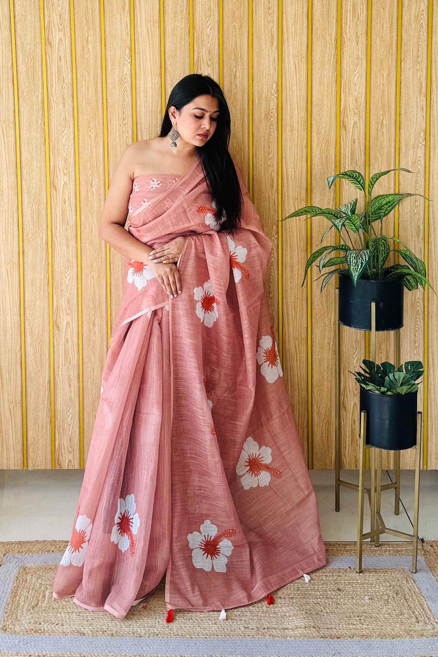 Orange Champa-2 Soft Linen Cotton Digital Print Sarees With Flower Print & Printed Pallu