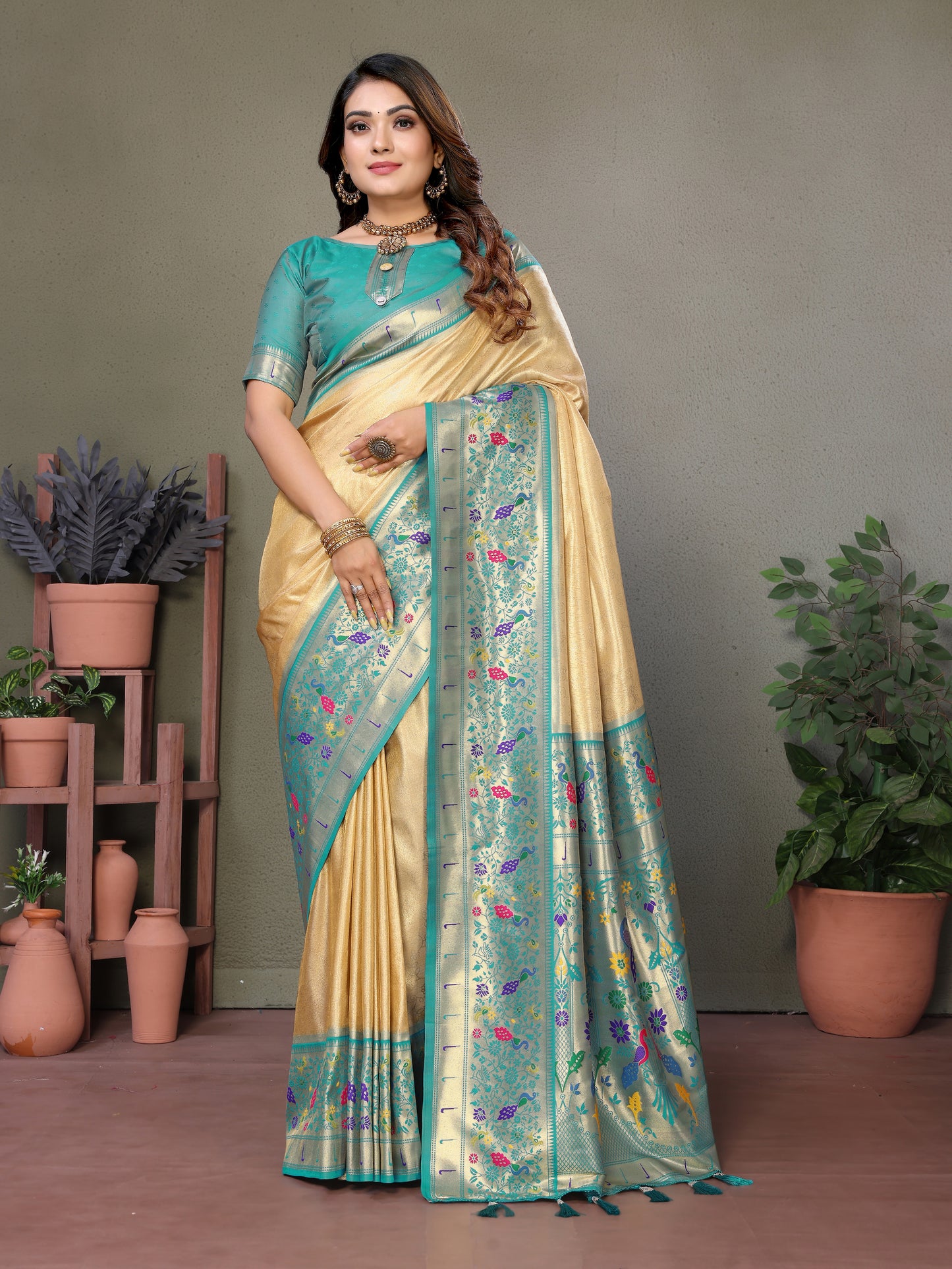 Cream Mrudangi Pure Banarasi Tissue silk sarees contrast Paithani woven border classic pallu