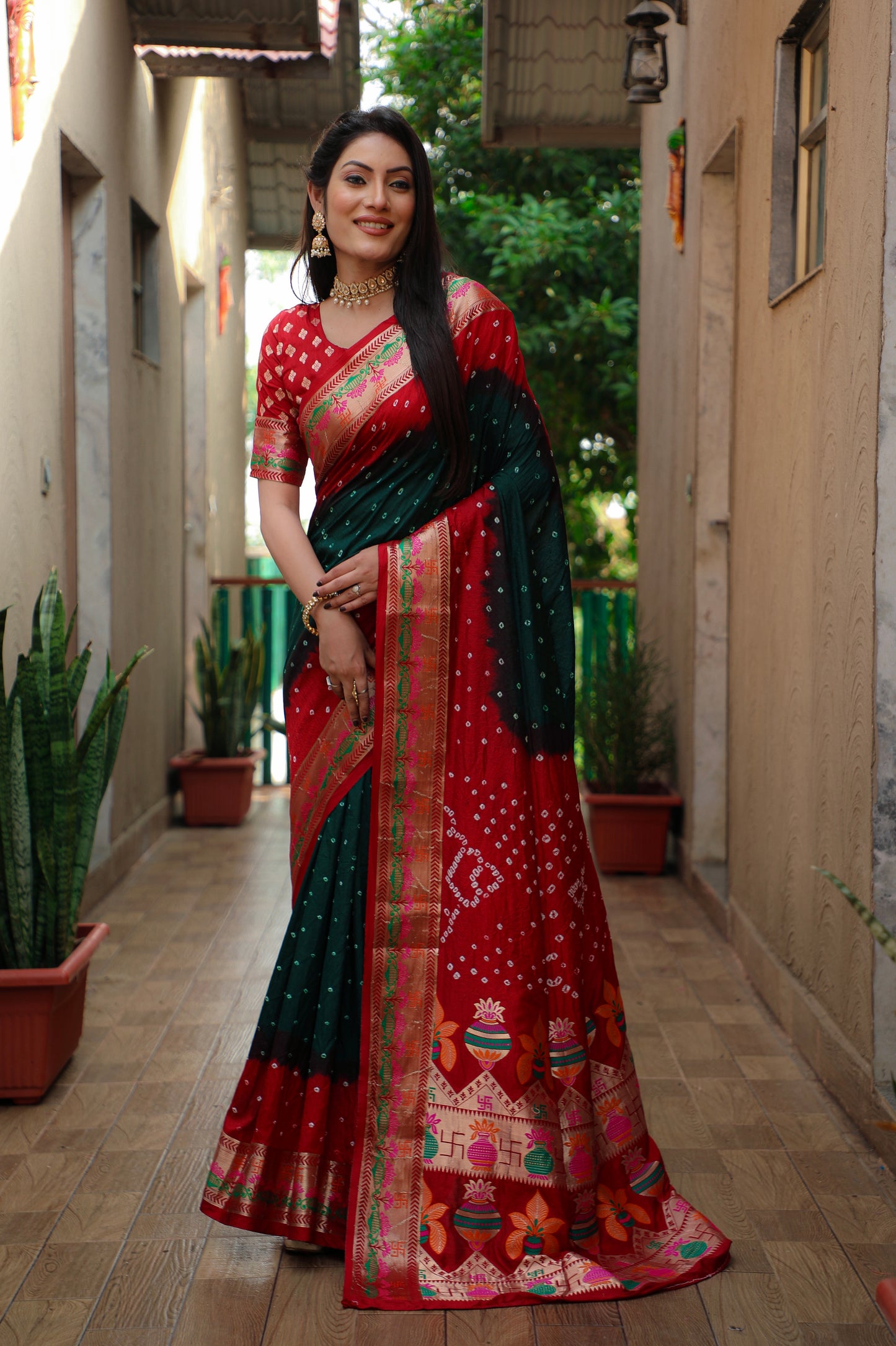 Dark Green Swastik Pure Bandhej Silk Saree With Minakari Border Kalash & Swastik Design Rich Pallu Saree
