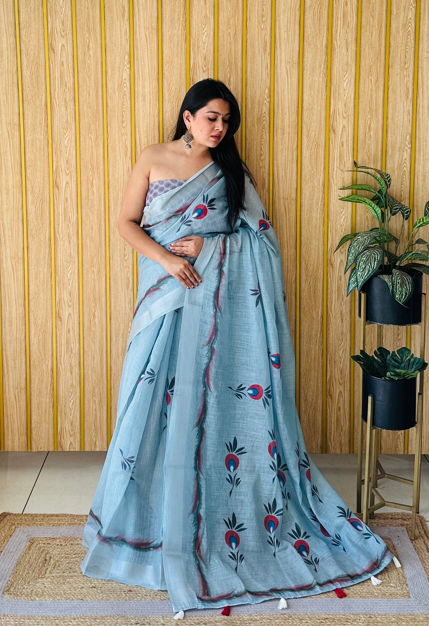 Gray Muskan Soft Linen Cotton Digital Print Sarees With Batik Print With Silver Border