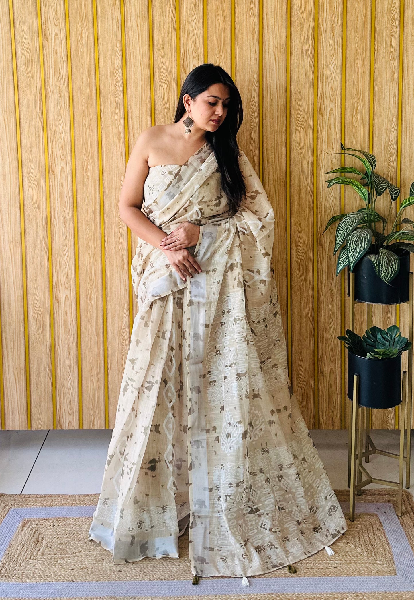 Cream Khushboo Soft Linen Cotton Digital Print Sarees With Batik Print With Silver Border
