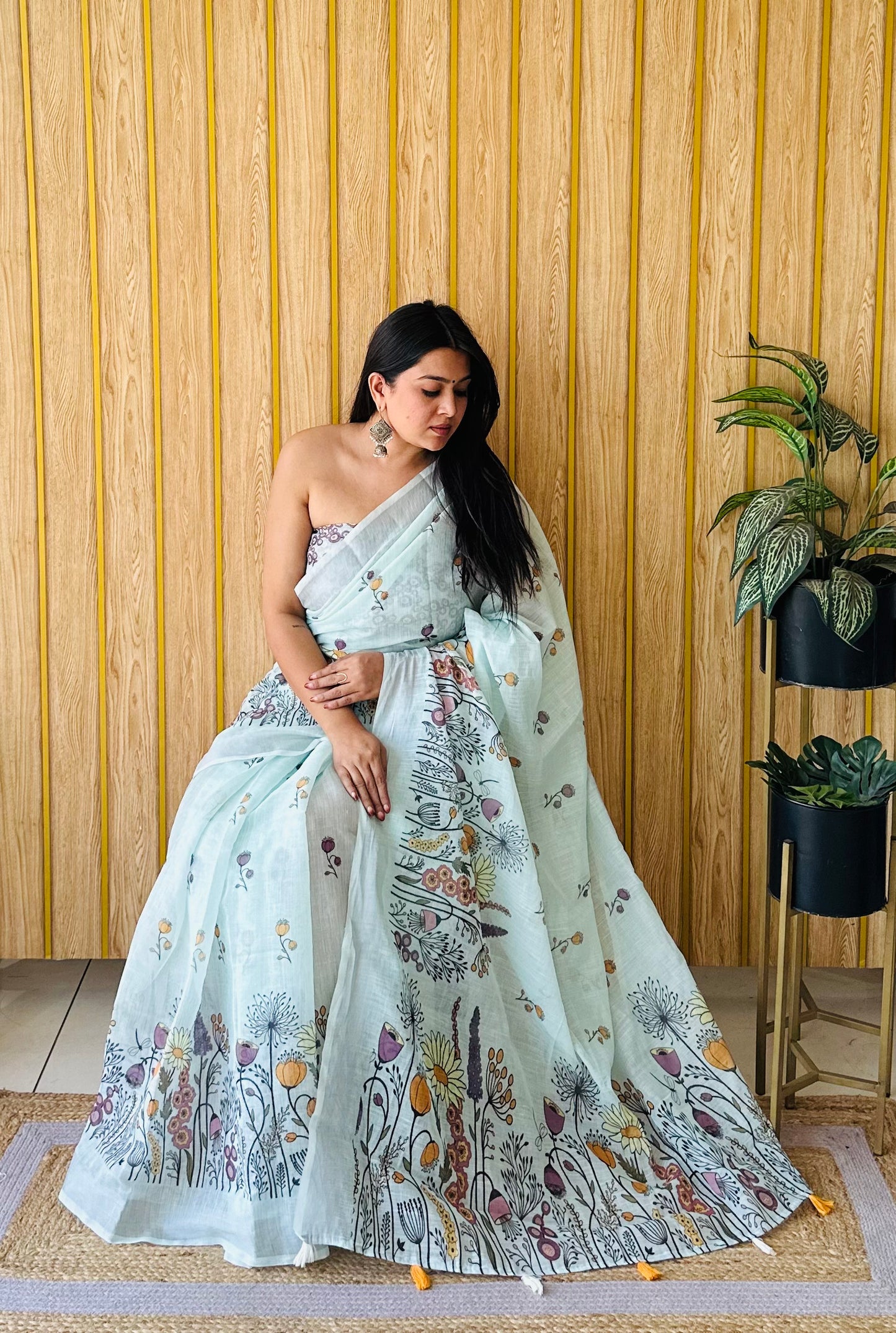 Pistachio Ritika Soft Linen Cotton Digital Print Saree With Batik Print With Silver Border