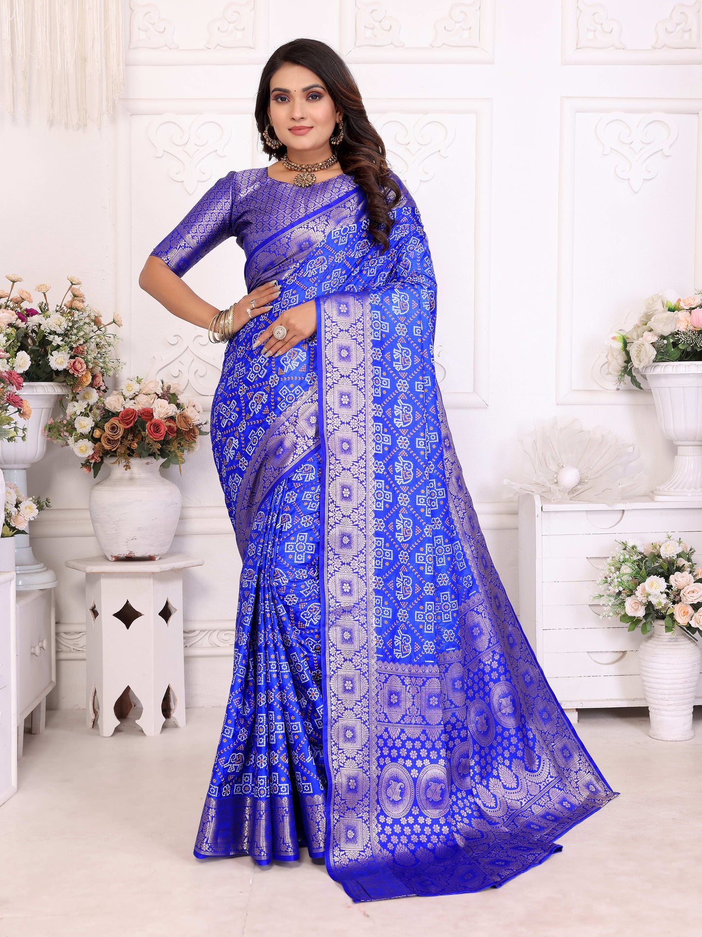 Blue Samshira Soft Satin Silk Bandhej Print Saree With Zari Border Design And Having Rich Pallu