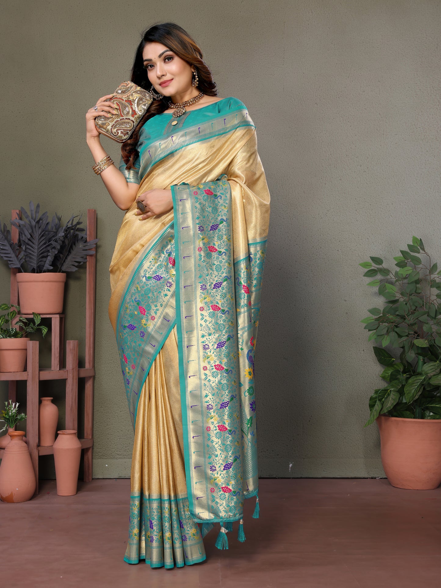 Cream Mrudangi Pure Banarasi Tissue silk sarees contrast Paithani woven border classic pallu