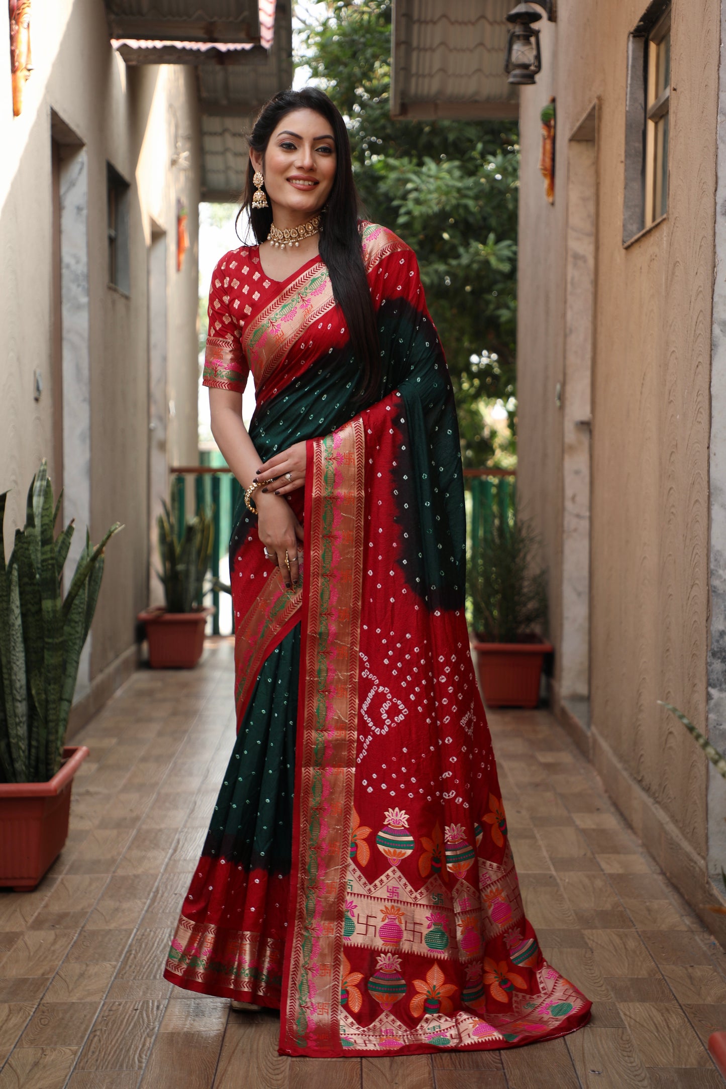 Dark Green Swastik Pure Bandhej Silk Saree With Minakari Border Kalash & Swastik Design Rich Pallu Saree