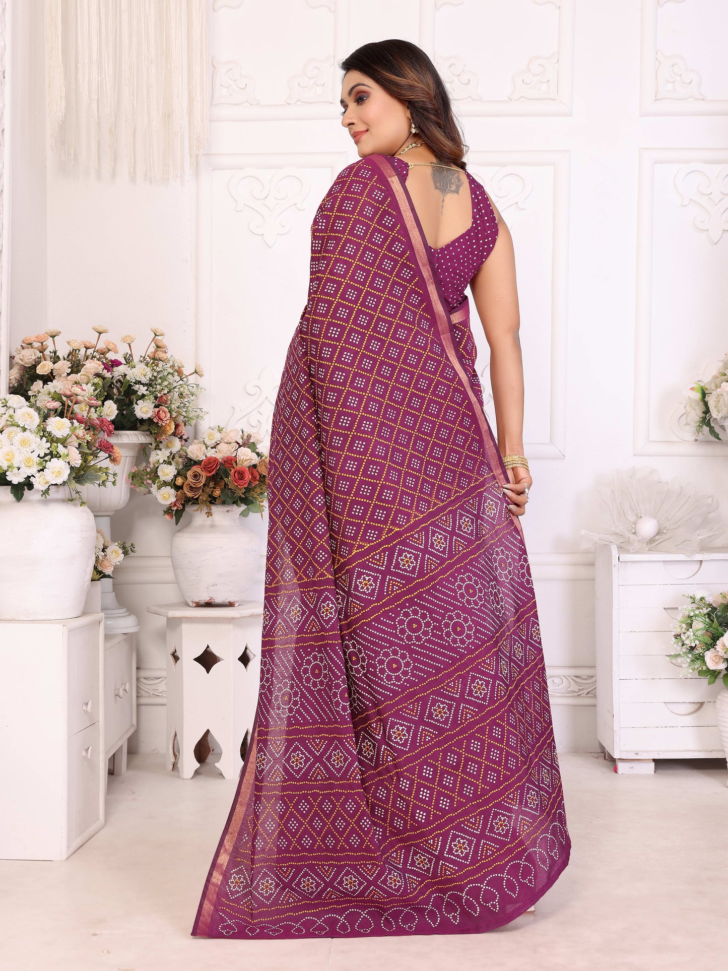 Purple Amba Pure Patola And Bandhej Pattern Soft Cotton Light Weight Saree