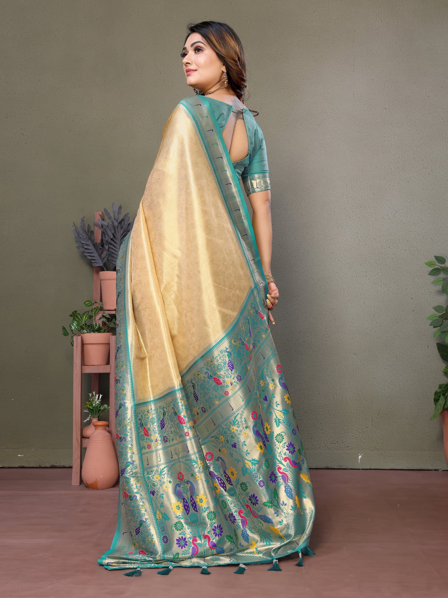 Cream Mrudangi Pure Banarasi Tissue silk sarees contrast Paithani woven border classic pallu