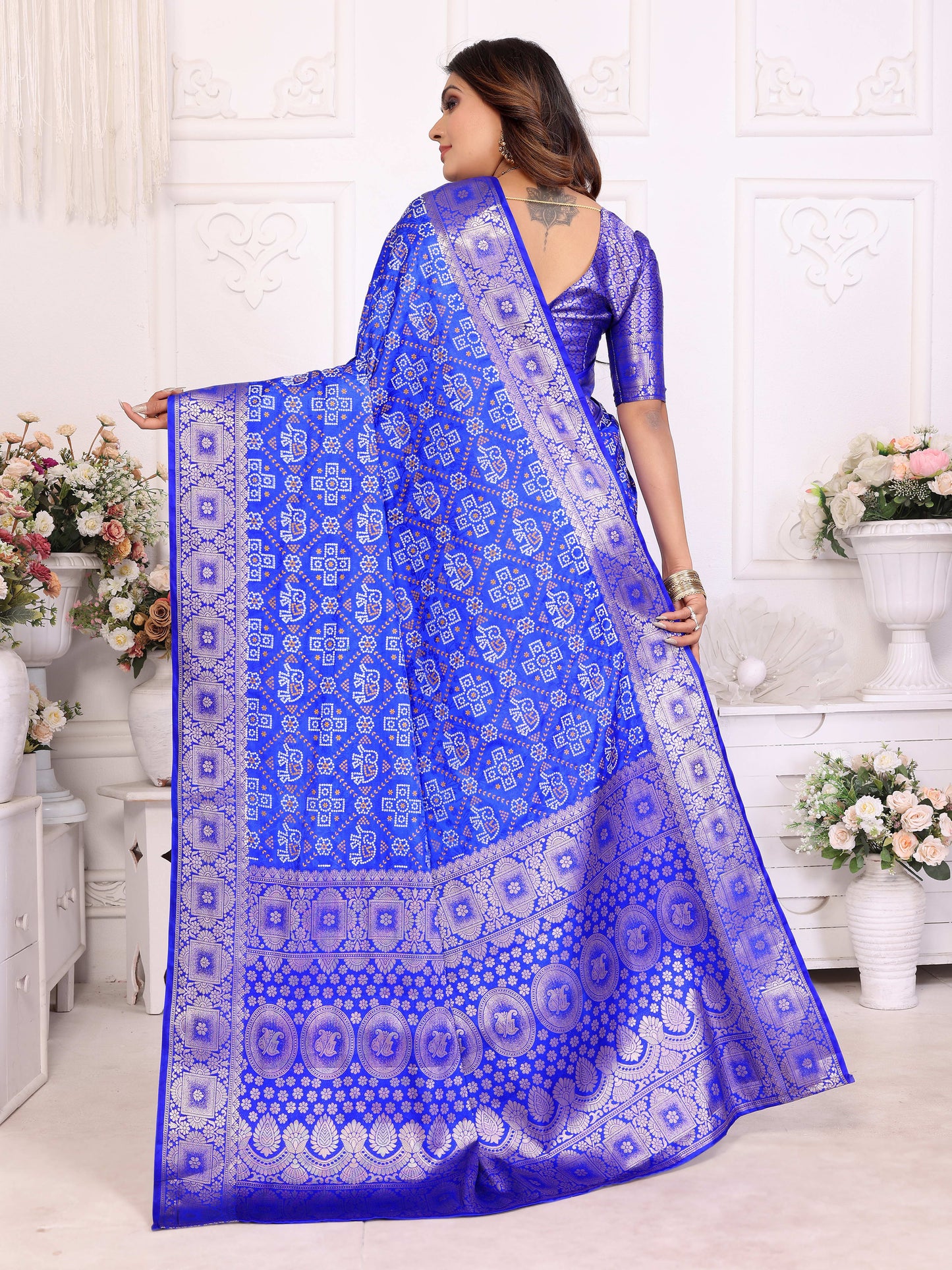 Blue Samshira Soft Satin Silk Bandhej Print Saree With Zari Border Design And Having Rich Pallu