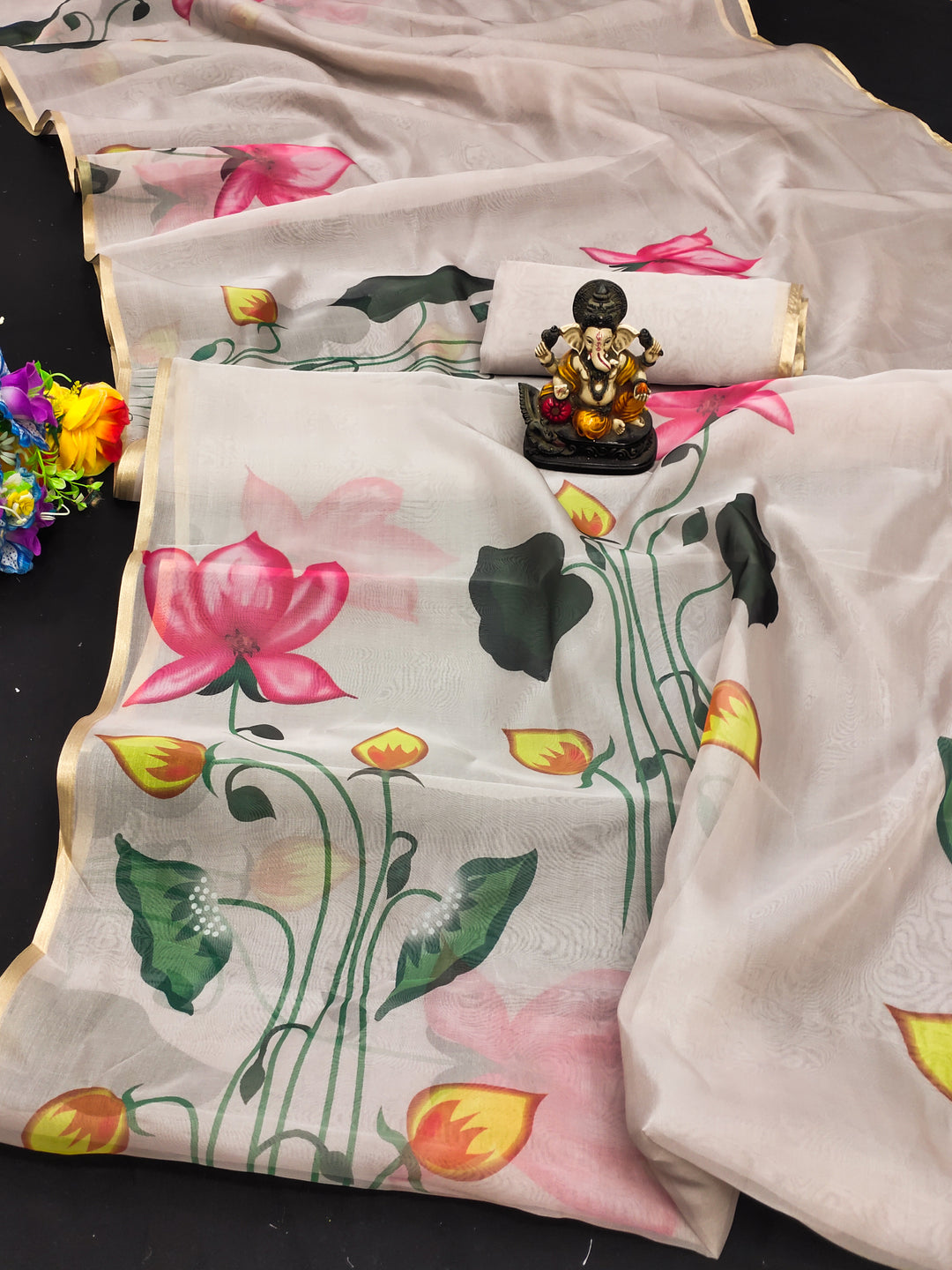 Off White Shehnaz Organza Digital Print Soft Shiny Art Silk Saree With Inspired Gold Border