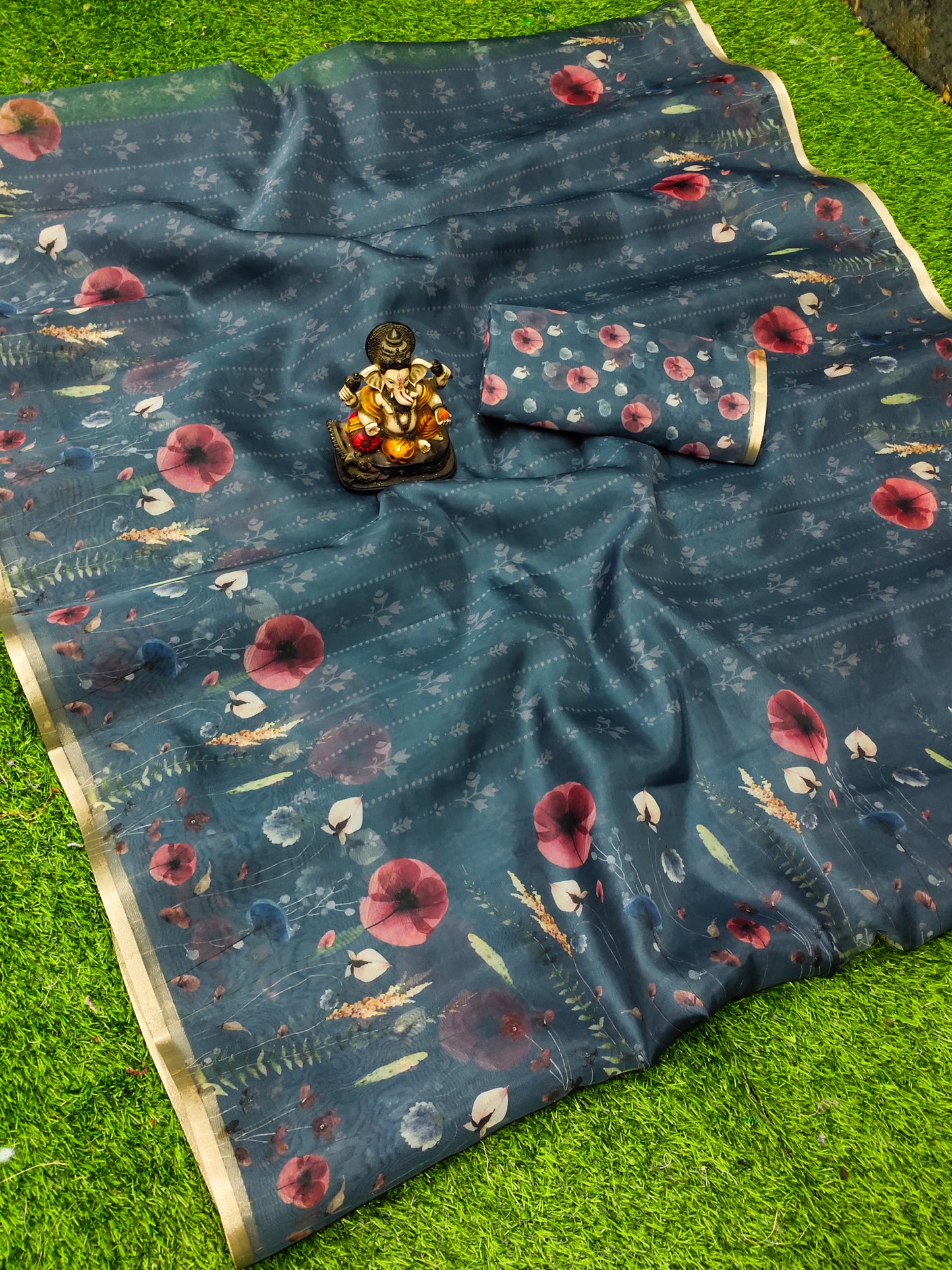 Dark Gray Mumtaz Organza Digital Print Soft Shiny Art Silk Saree With Inspired Gold Border