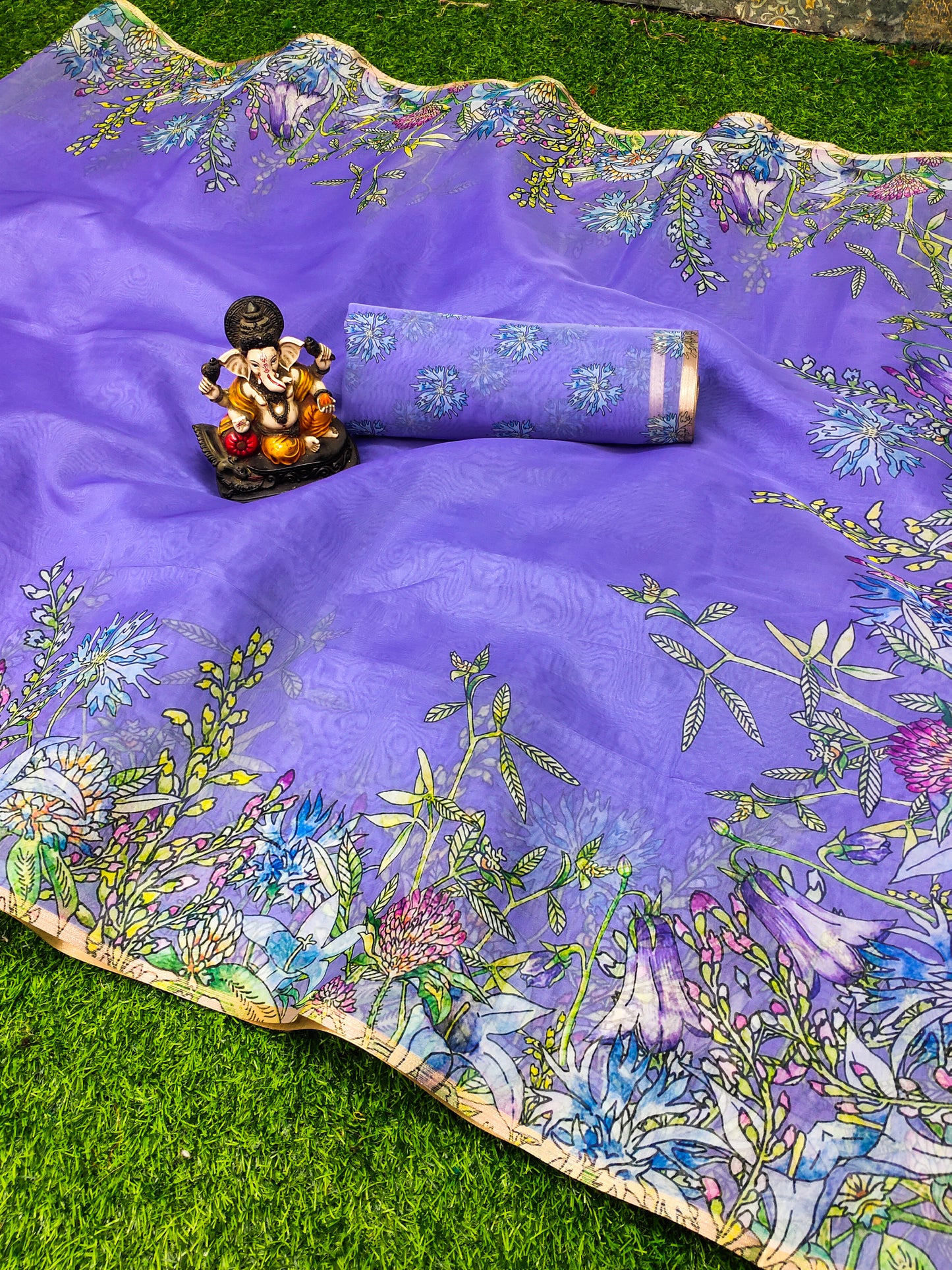 Purple Kesariya Organza Digital Print Soft Shiny Art Silk Saree With Inspired Gold Border
