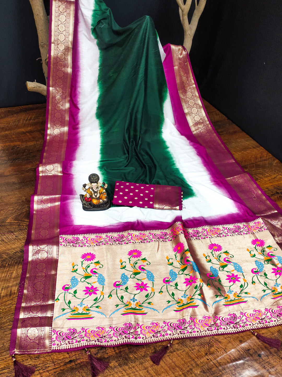 Green-Pink Rukmani Pure Paithani Saree Contrast Woven Borders And Classic Paithani Pallu