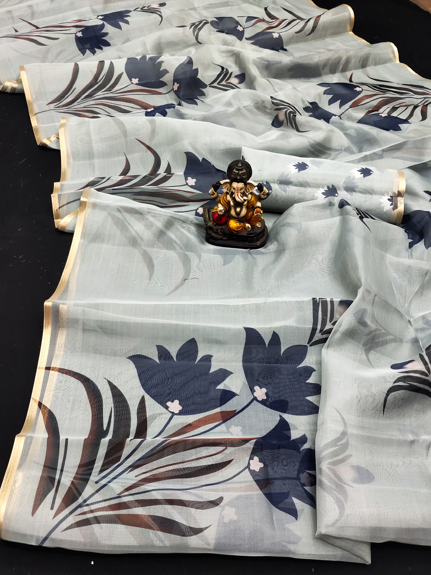Light Gray Vrinda Organza Digital Print Soft Shiny Art Silk Saree With Inspired Gold Border