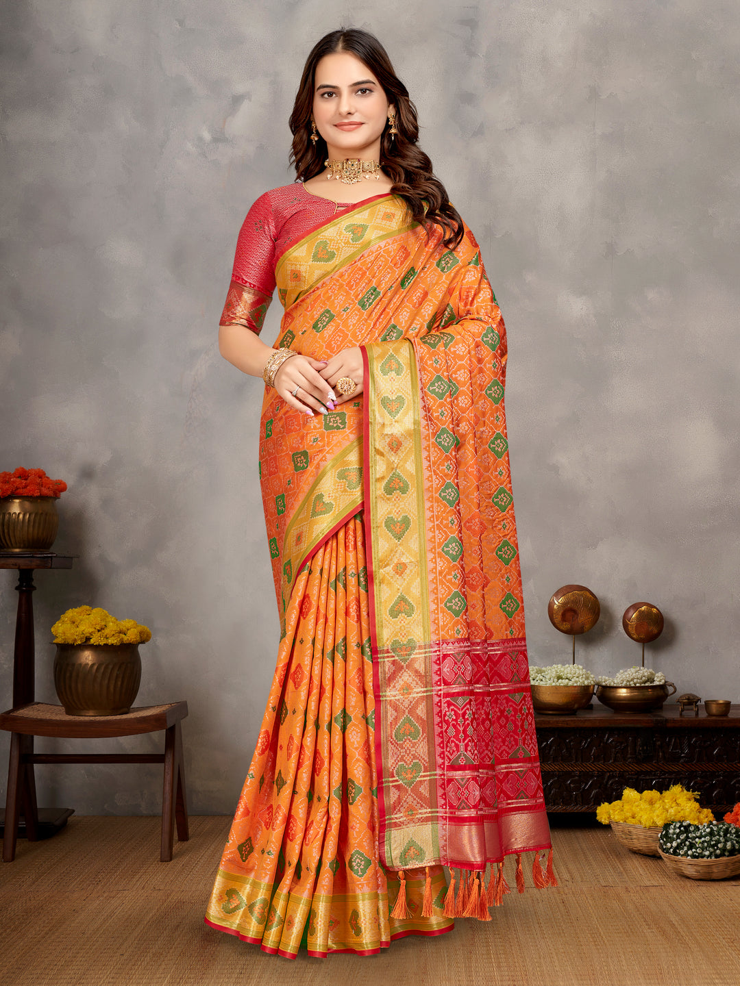 Orange Maya-1 Pure Handloom Silk Ikkat Patola Saree With Kanchi Border and contrast Zari border