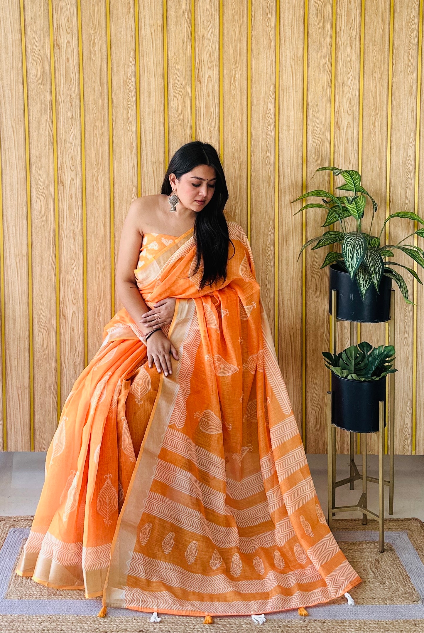 Lime Orange Aarya-3 Soft Linen Cotton Digital Print Sarees With Batik Print With Silver Border