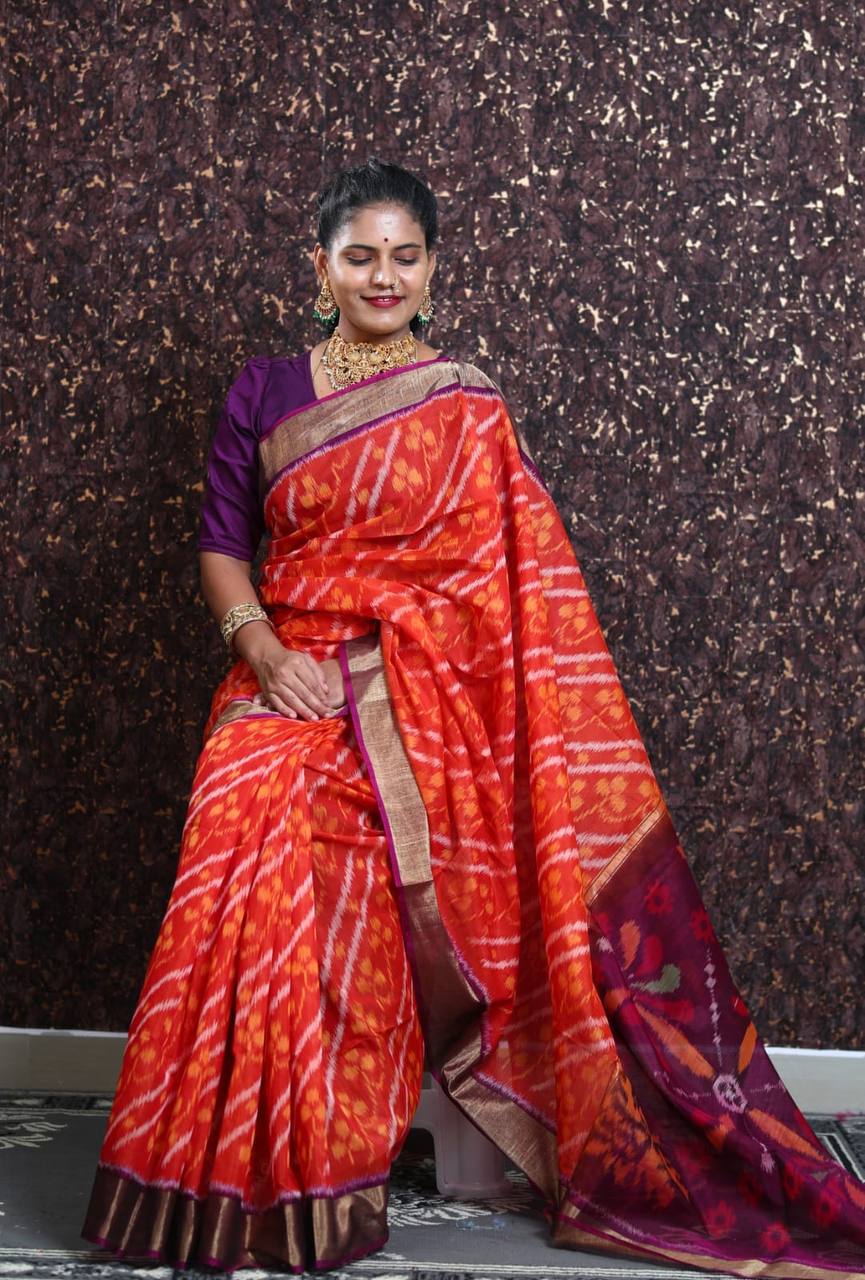 Maroon Pramila Patola Digital Print With Golden Weaving Border & Digital Printed Ikkat Design Pallu