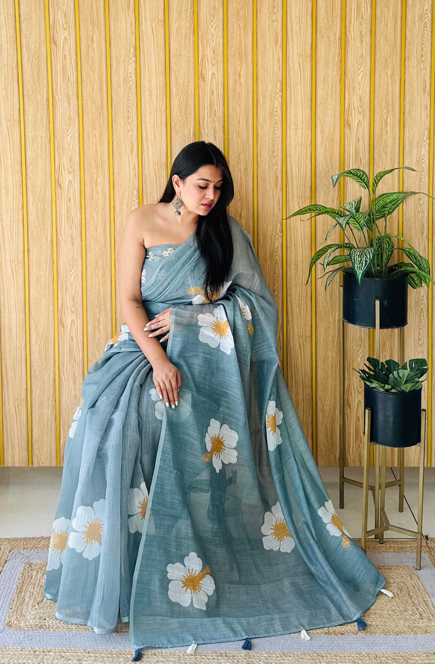 Stone Champa-2 Soft Linen Cotton Digital Print Sarees With Flower Print & Printed Pallu
