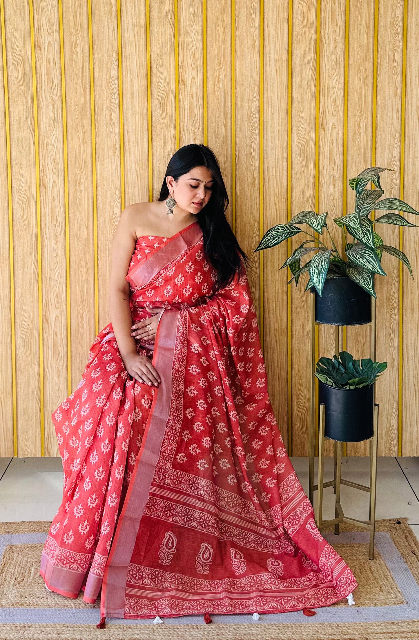 Orange Aarya-1 Soft Linen Cotton Digital Print Sarees With Batik Print With Silver Border