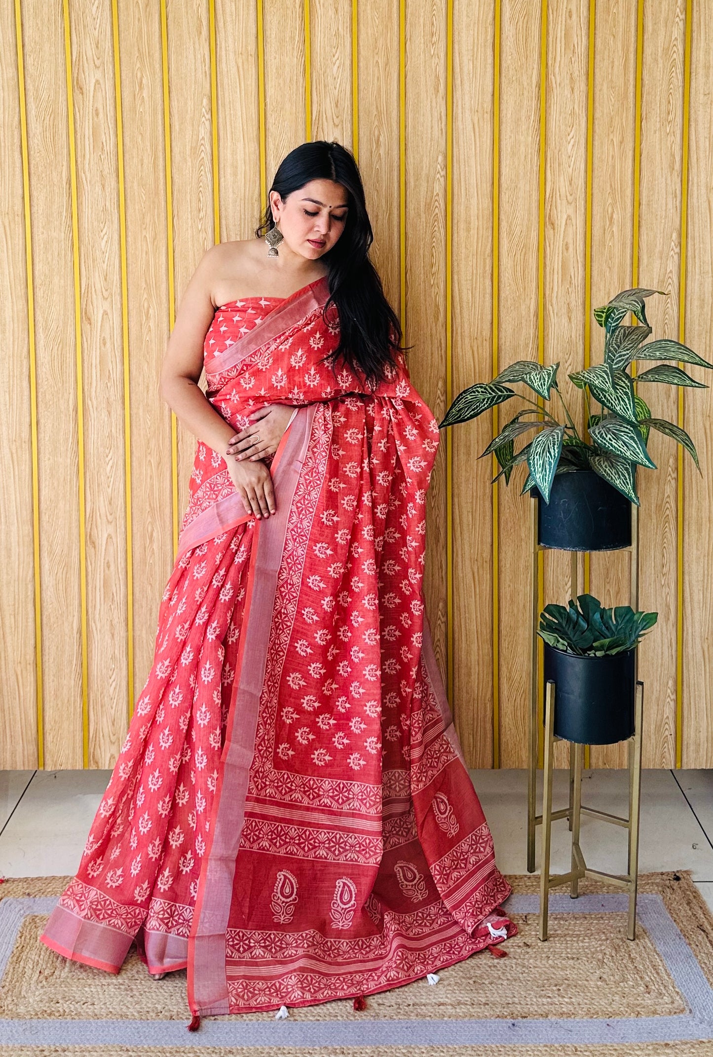 Orange Aarya-1 Soft Linen Cotton Digital Print Sarees With Batik Print With Silver Border