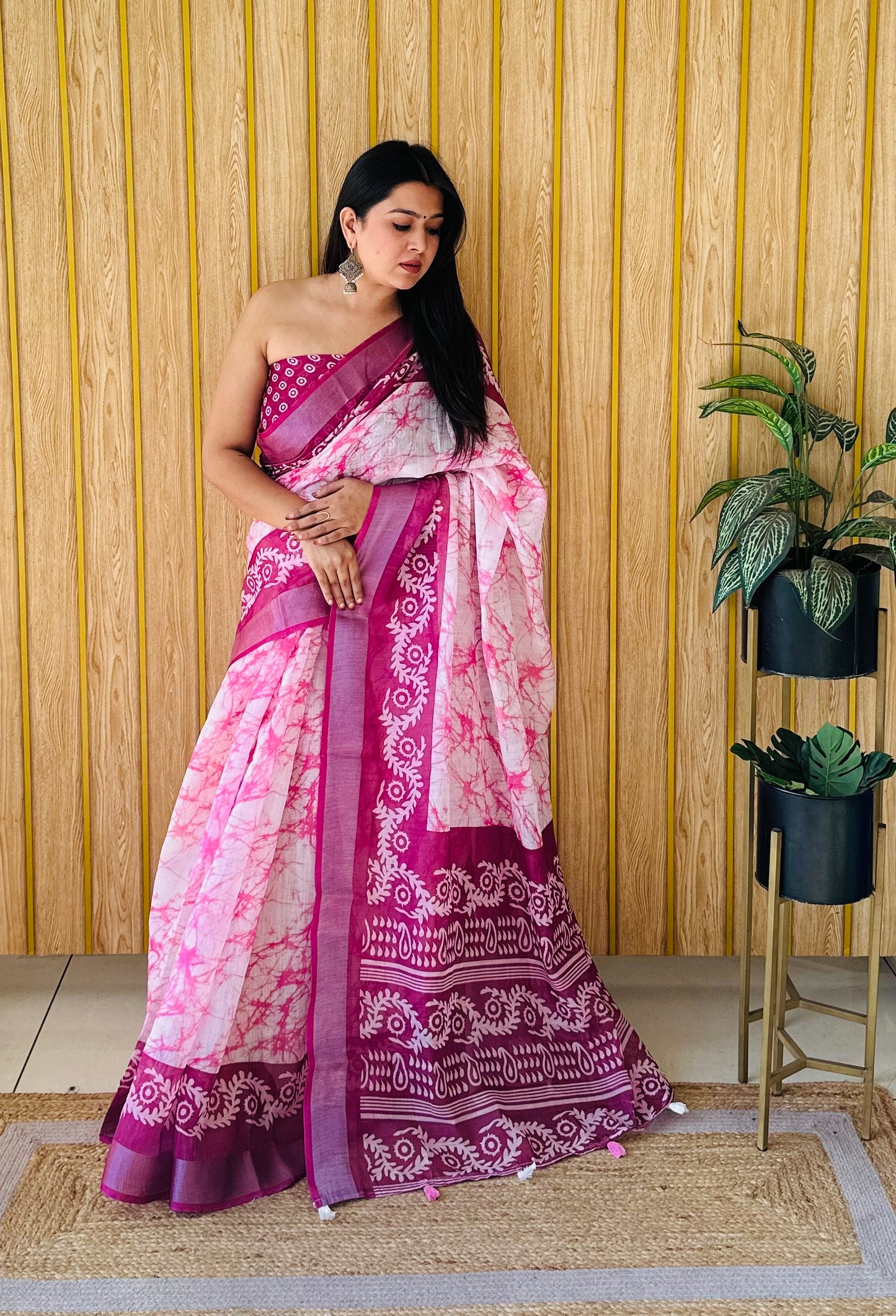 Wine Namrata Soft Linen Cotton Digital Print Sarees With Batik Print With Silver Border