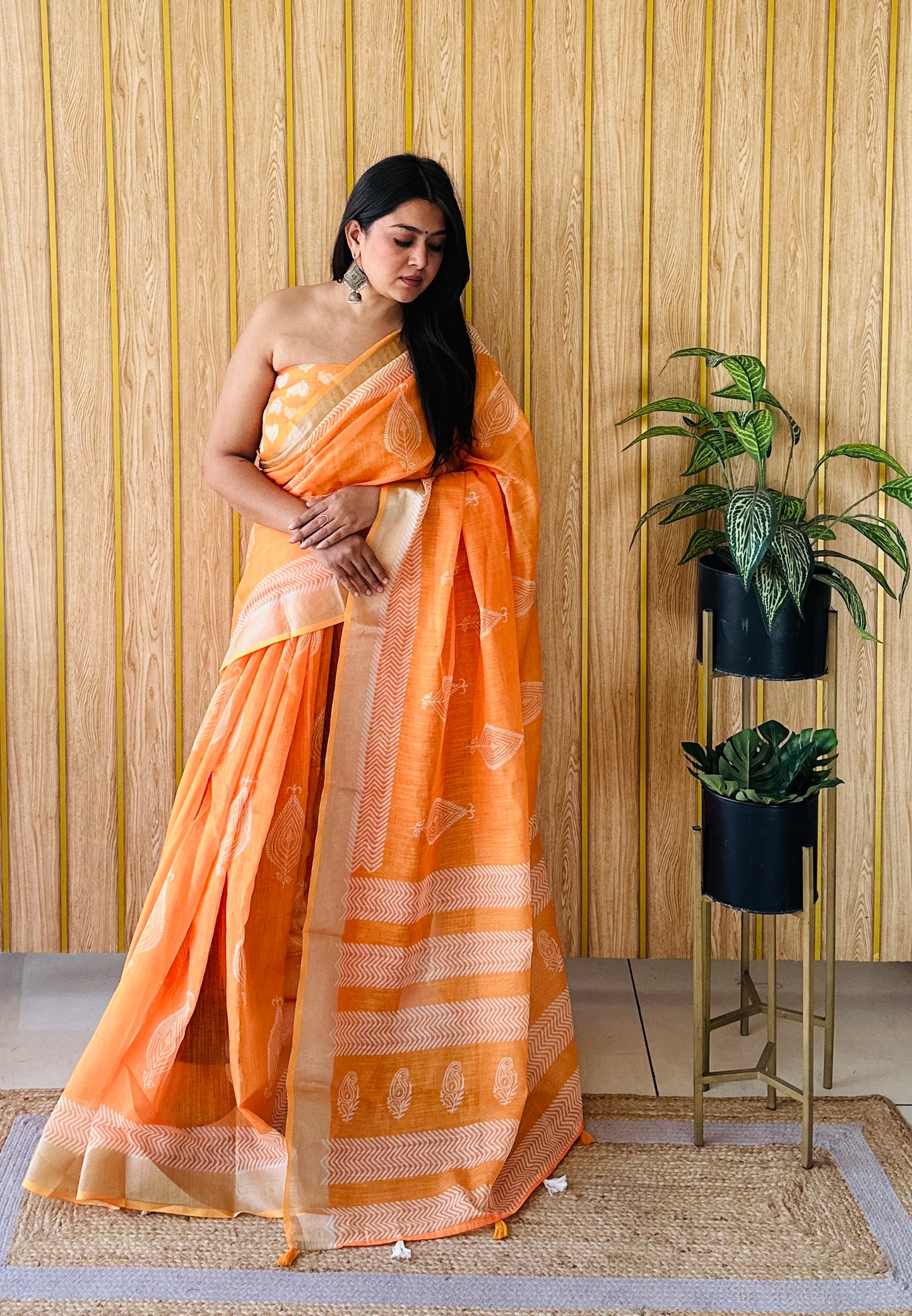 Lime Orange Aarya-3 Soft Linen Cotton Digital Print Sarees With Batik Print With Silver Border